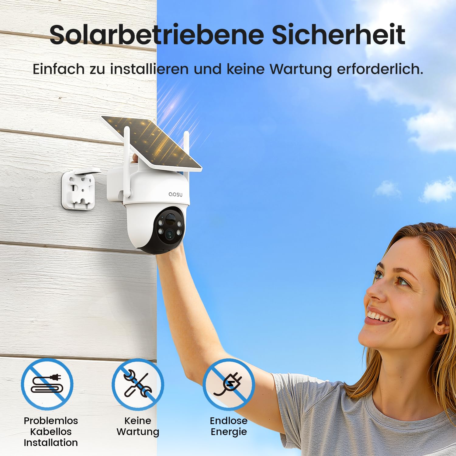 aosu 2K Überwachungskamera Aussen Solar Akku, 4 Cam-Kit & aosuBase, Kein ABO Nötig, 360° Panorama Kabellose Kamera, 32GB Lokaler Speicher, Auto-Tracking, Farb-Nachtsicht, 2 Wege Audio, 5G & 2.4G WLAN