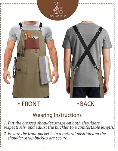 Miniatura 6 de Delantales de chef para hombres profesionales, 3 bolsillos espaciosos, delantal de barbacoa para hombres y mujeres, espalda cruzada ajustable