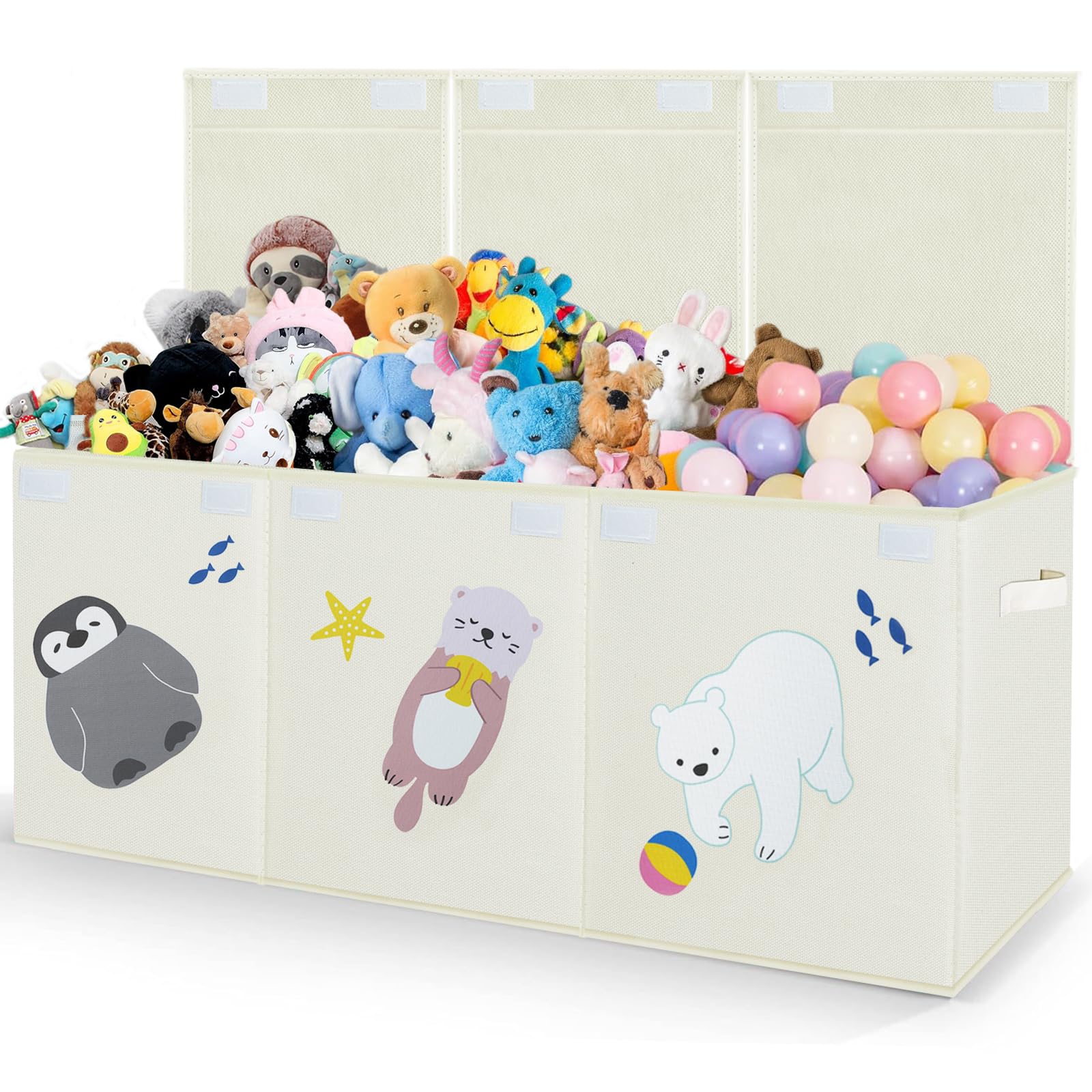Large Toy Box Storage Chest,Sturdy Toys Storage Organizer Bin Basket with Dividers and Lids for Toddlers,Boys,Girls,Nursery,Closet,Living Room Area,Playroom(Beige Animals)