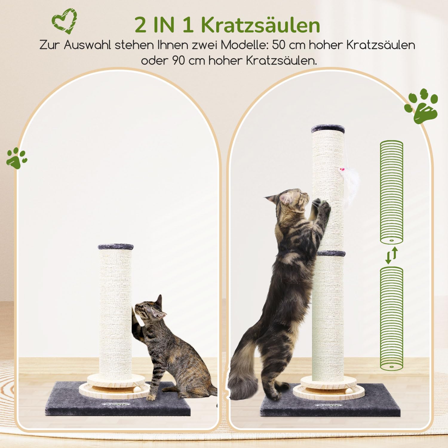 Globlazer Kratzstamm XXL, Kratzsäule Groß Stabil hoch 90 cm & 50 cm 2 IN 1 mit Plüsch Katzenspielzeug 11cm Dicker Stamm Sisal Holz Trackingball, Kratzbaum XXL für Große Katzen (SC35, Dunkelgrau)