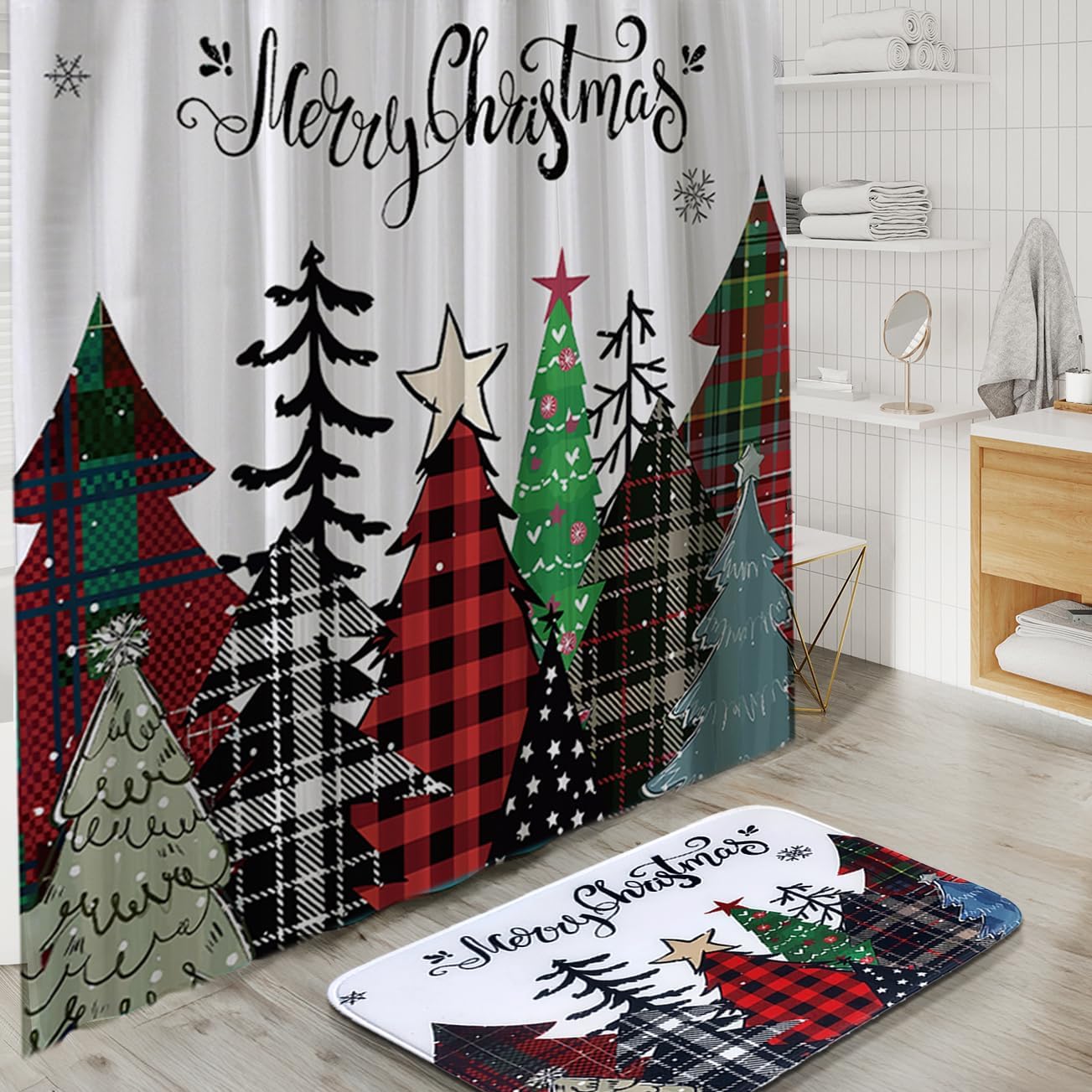 Clara Clark Bathroom Set - Christmas Shower Curtain Set, 19PC Bathroom Accessories Set, Christmas Bathroom Decor, Xmas Bathroom Accessory Set, Soap Dispenser, Toilet Brush, & Trash Can