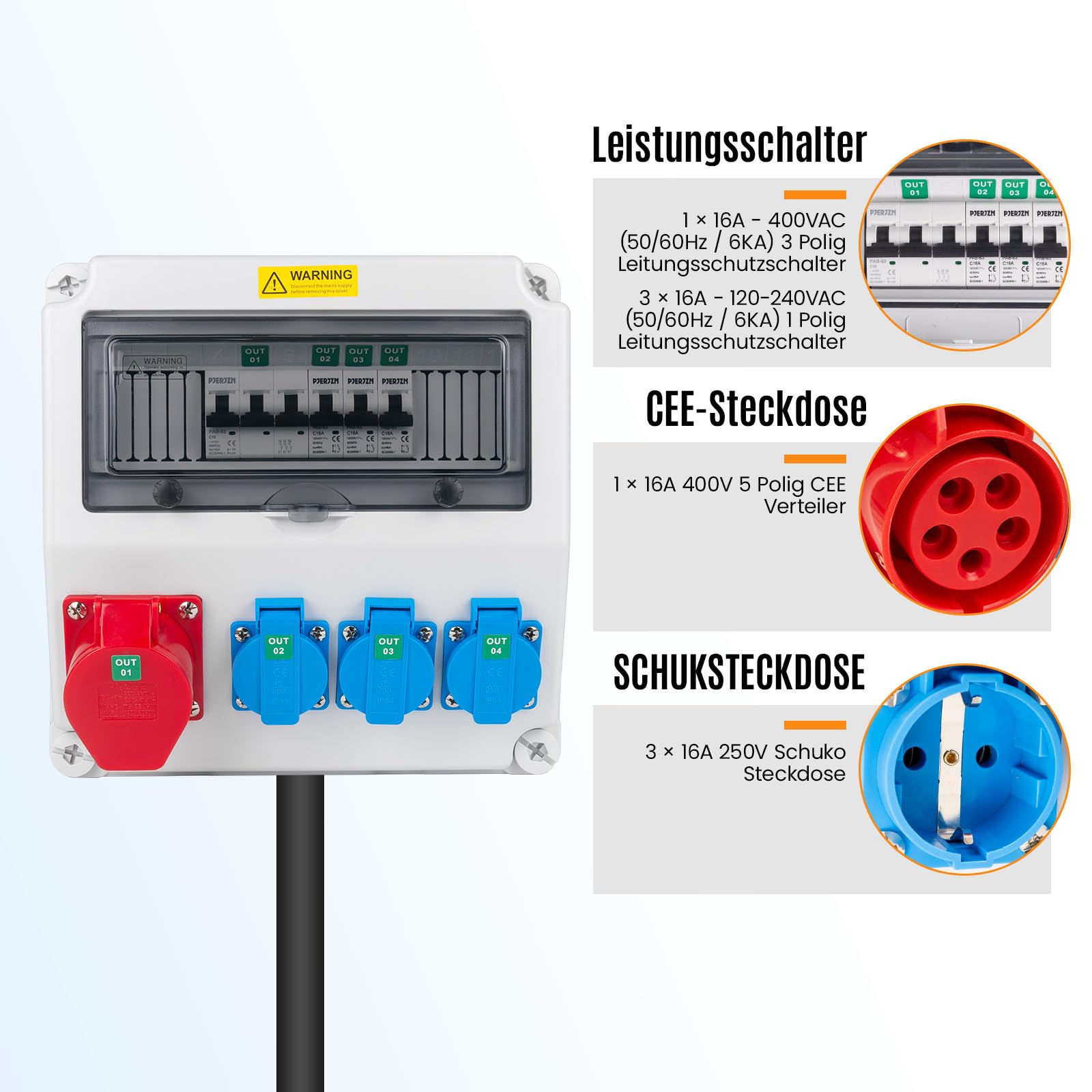 Distributore di corrente da cantiere con presa CEE da 16 A, distributore da parete, IP44, per cantieri e officine, con 3 x 16 A 1P LS + 1 x 16 A 3P LS (3 x 16 A 1P LS + 1 x 16 A 3P LS)
