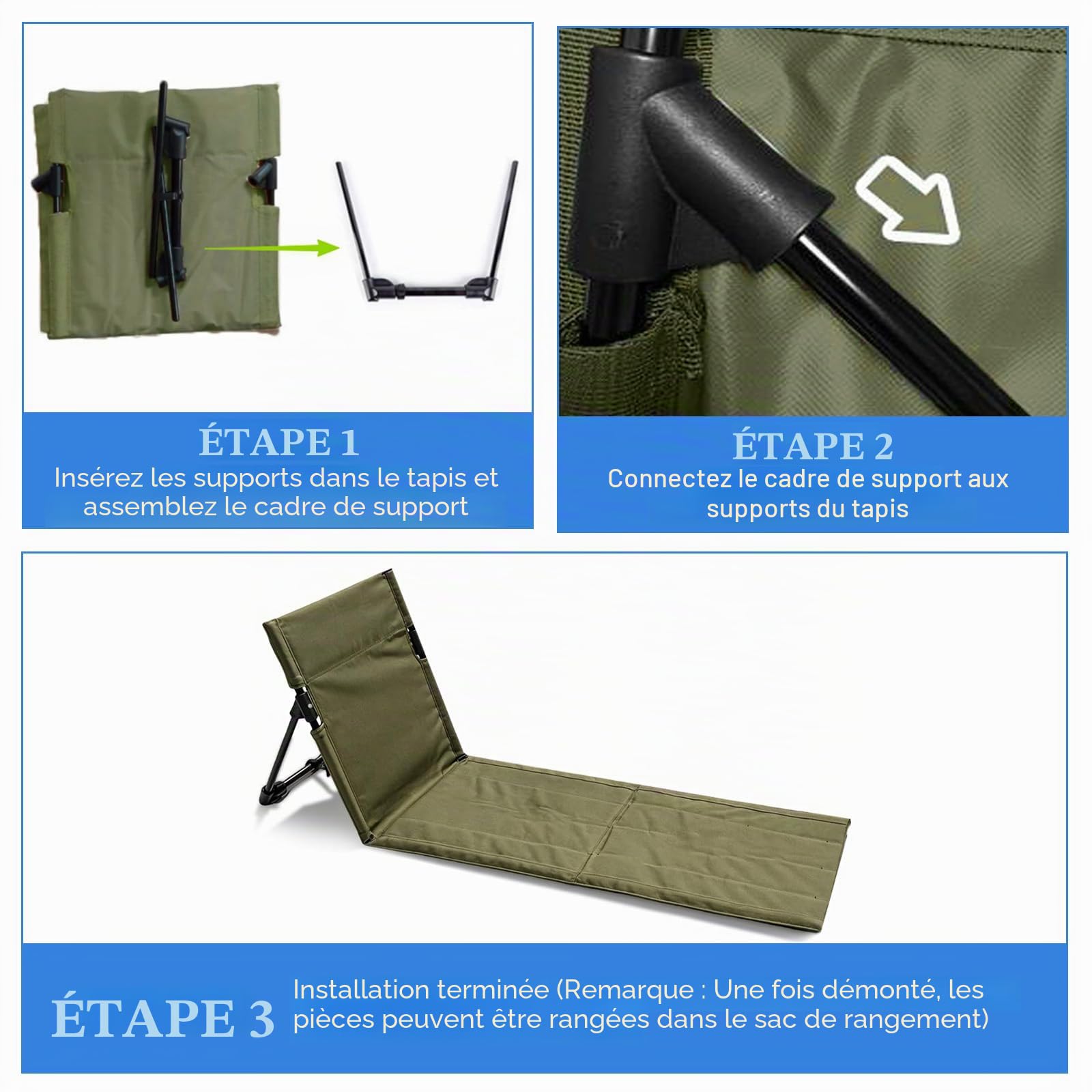 Tapis de Plage avec Dossier, Chaise de Plage avec Sac de Rangement, Transat Plage, Siege de Plage Pliable Portable Leger, Chaise de Sol Pliable pour Le Camping, Les Voyages (Vert Militaire 2, Long)