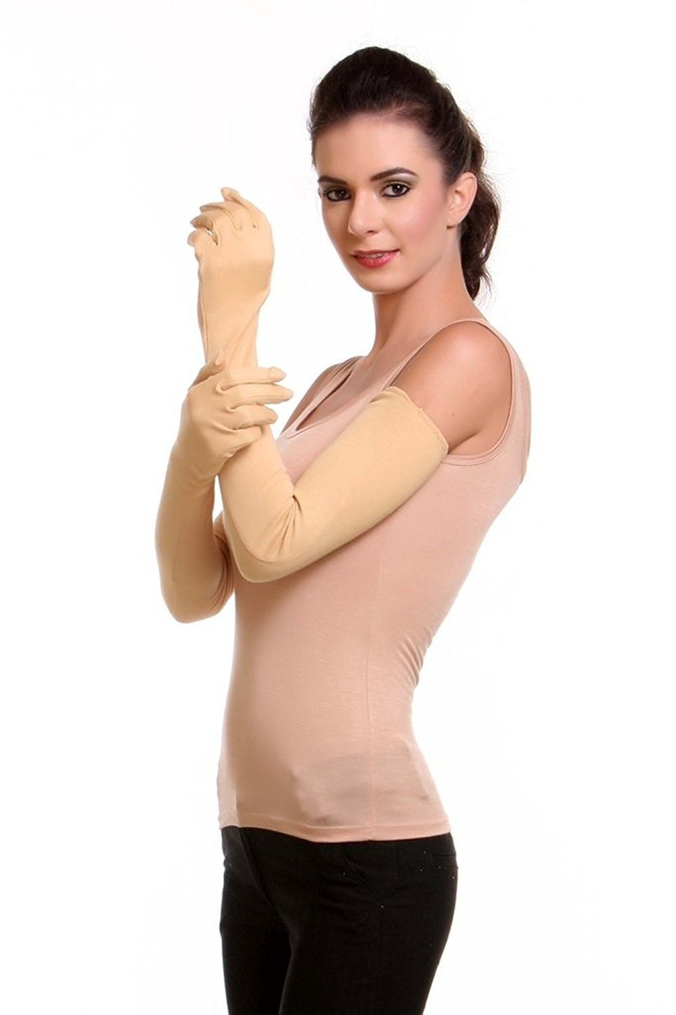 Womens/Girls Long Sleeves UV Protected Gloves - Beige (1 Pair)-image-13