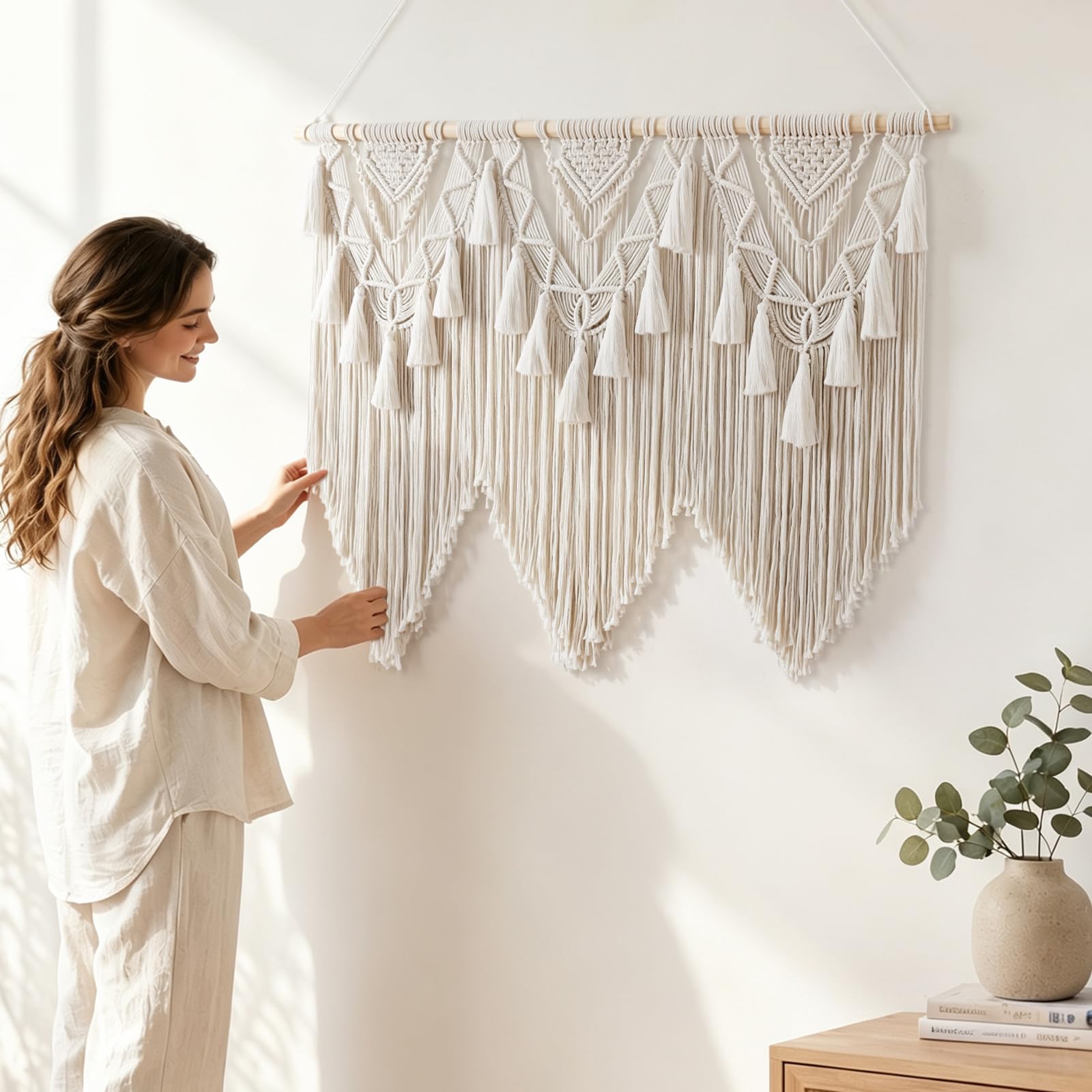 Dremisland Große Makramee Wandbehang Wandteppich Beige Boho Deko Wanddeko | Gewebte Baumwolle Wandteppich Quasten Tapisserie Wandkunst Dekoration Tapestry Wanddekoration für Schlafzimmer Wohnzimmer