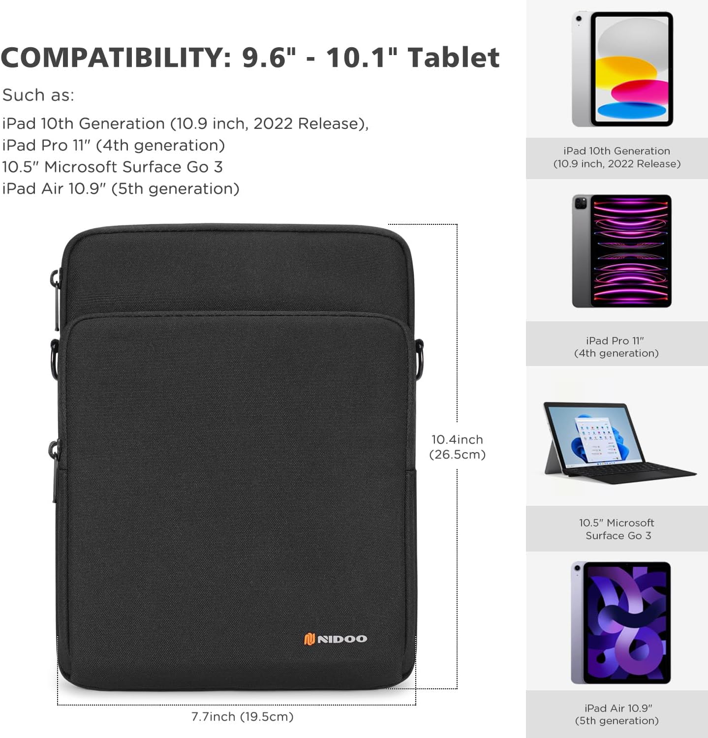 NIDOO 10 inch Laptop Sleeve Carrying Bag Shoulder Case for 10.9" 11" iPad Air M3 M2/ 11" iPad Pro 2025/10.9" 10.2" 11 inch iPad/ 10.5" Samsung Galaxy Tab A8 S8 / 10.4" HUAWEI / 10.6" Lenovo Handle - Image 4