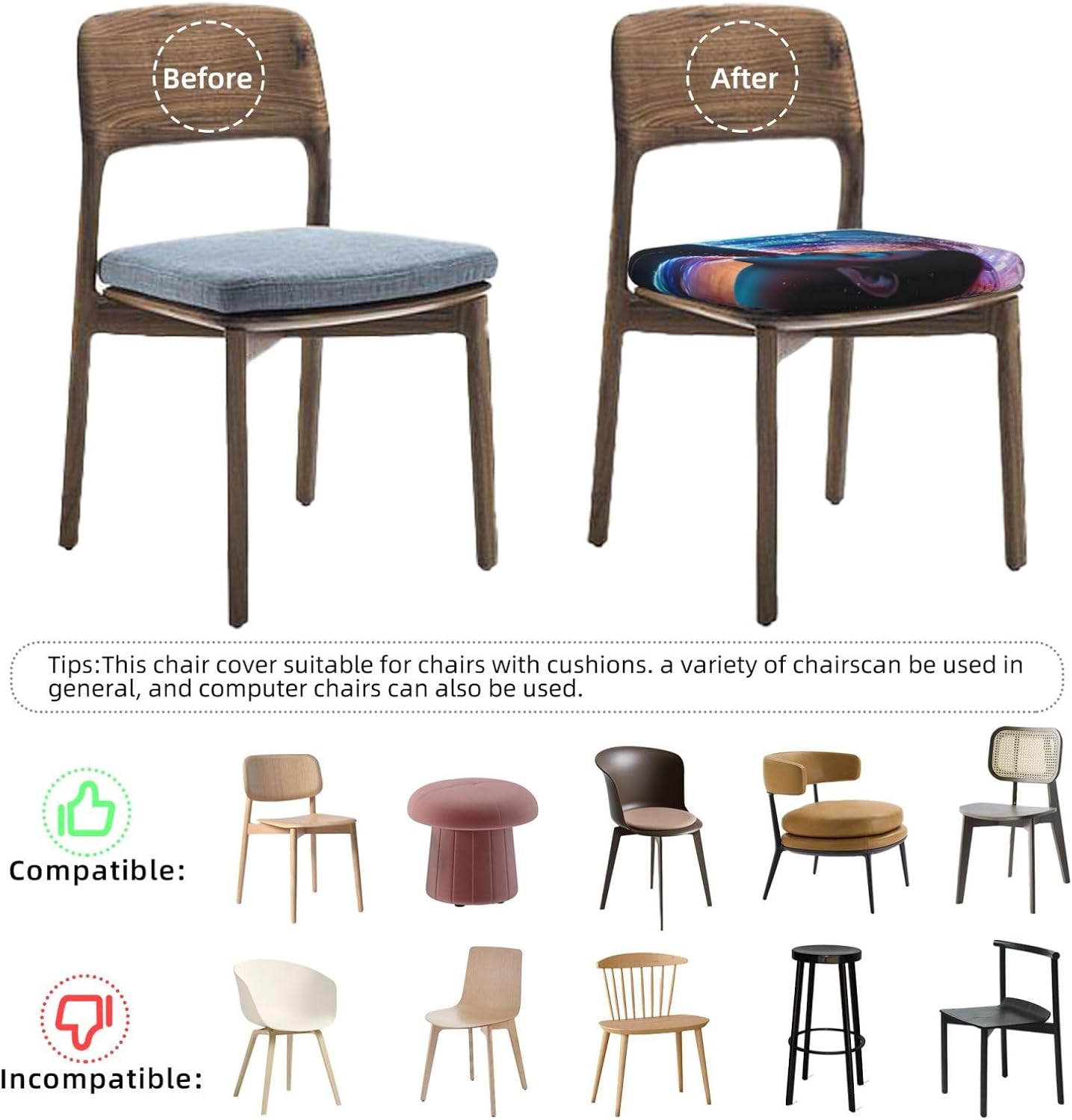 Holographic Dreams Print Square Cushion Covers 6 Pcs Set Elastic Non-Slip Seat Cushion Slipcovers Pet Furniture Protectors for Chair, Sofa