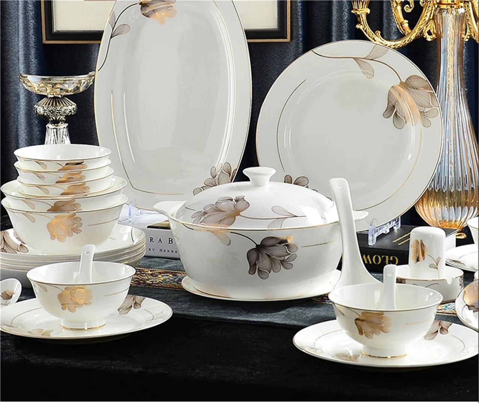 vajilla completa Juego de vajilla porcelana hoja oro 46 piezas | Vajilla con platos de diseño dorado, perfecta for Navidad y cocina.