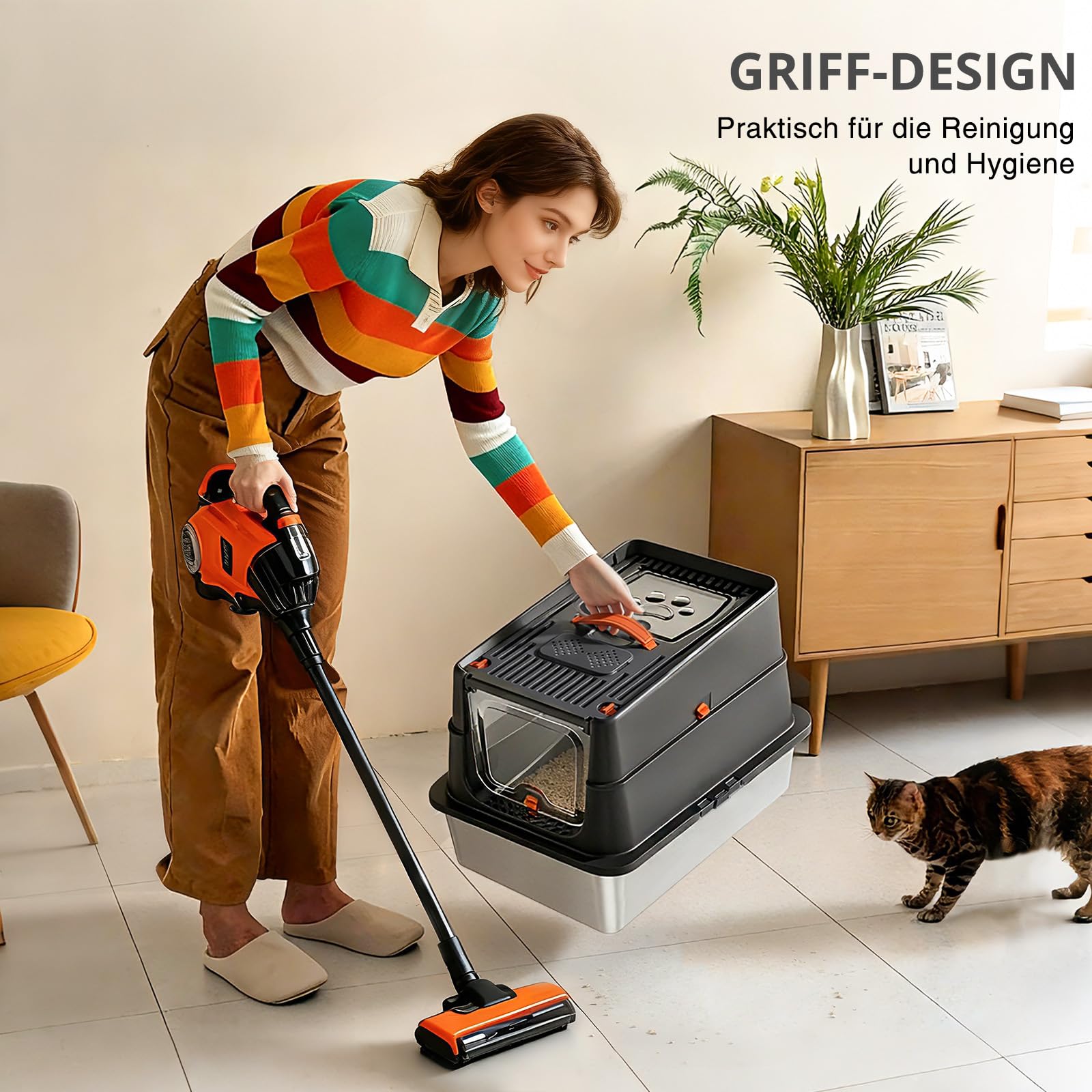 Katzentoilette aus Edelstahl, XXL geschlossene Katzentoilette mit Deckel, leicht zu reinigen, hochseitiges Metall-Kitty, mit Einstieg Oben, Schaufel, Matte, Bürste & Fußpedal-Schwarz