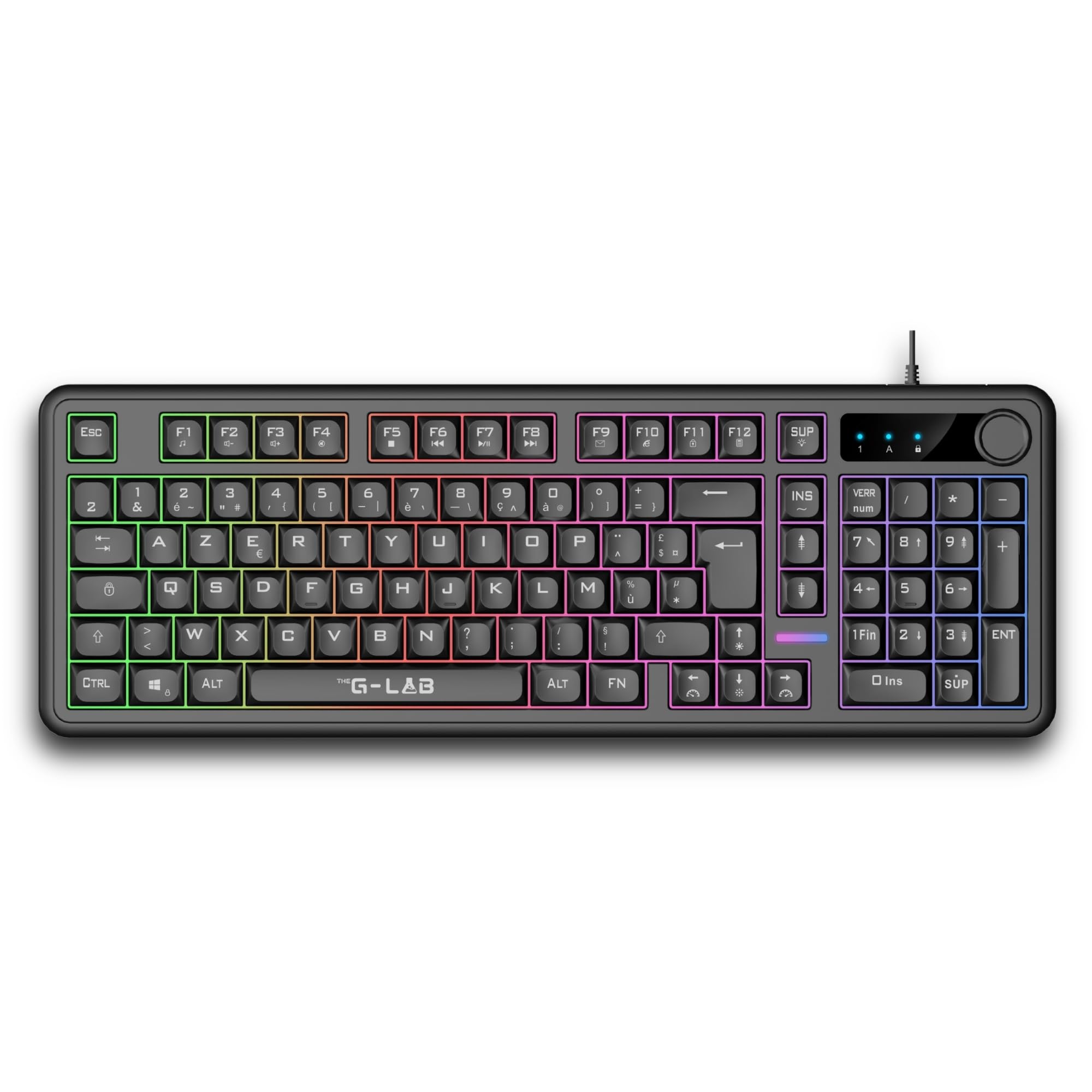 The G-Lab – Keyz Caesium EX B – Wired AZERTY 98% Gamer Keyboard – Responsive and Silent Membrane, Anti-Ghosting 26 Keys, Rainbow Backlight, Volume Wheel – Gaming Keyboard PC/Consoles