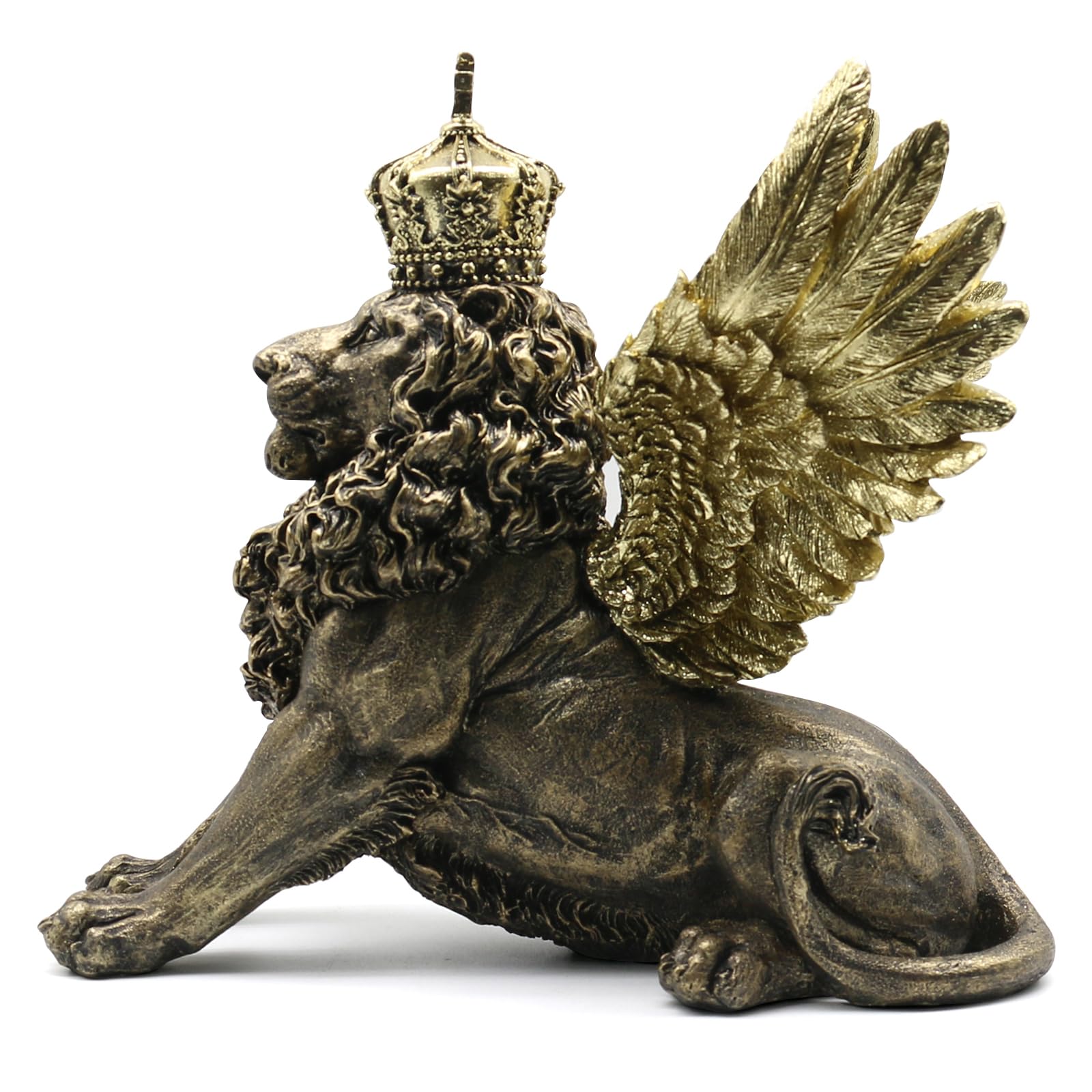 LukitasLion Angel Sculpture Decor, Crown Lion King Statue and Figurine, Animal Creative Desktop Ornament for Home Office Living Room, Golden, Resin L11''