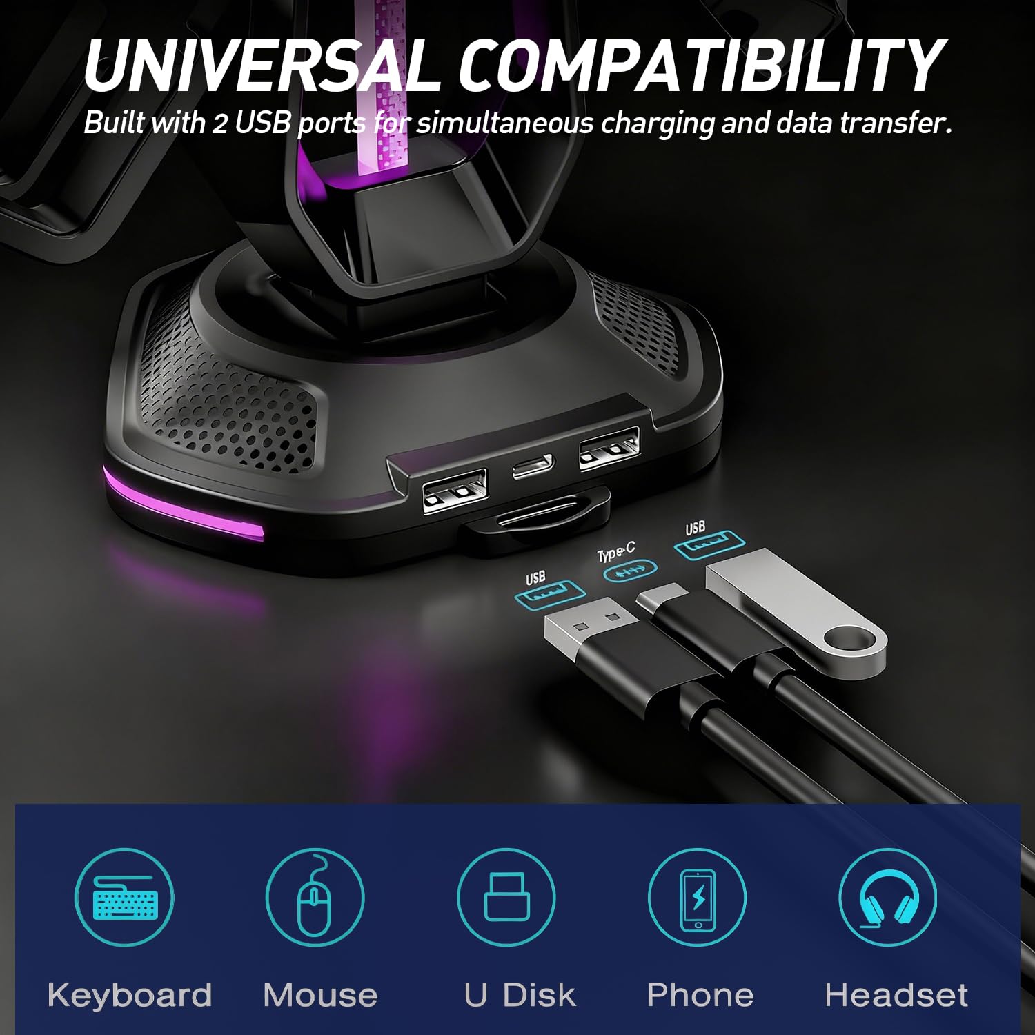 Soporte RGB para auriculares con 9 modos de luz y 2 puertos de carga USB, soporte de controlador para escritorio, soporte para auriculares y gancho de controlador desmontable para accesorios
