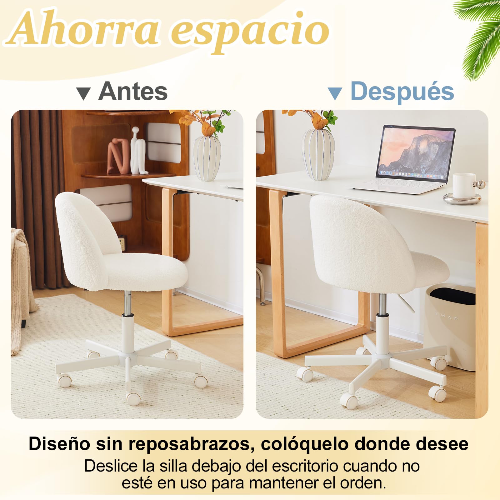 Silla de Escritorio, Silla Tocador, Oficina y Tocador, con Ruedas, Altura Regulable, Silla Compacta para Estudio, Dormitorio, Oficina en Casa, Tejido Teddy (Blanco)