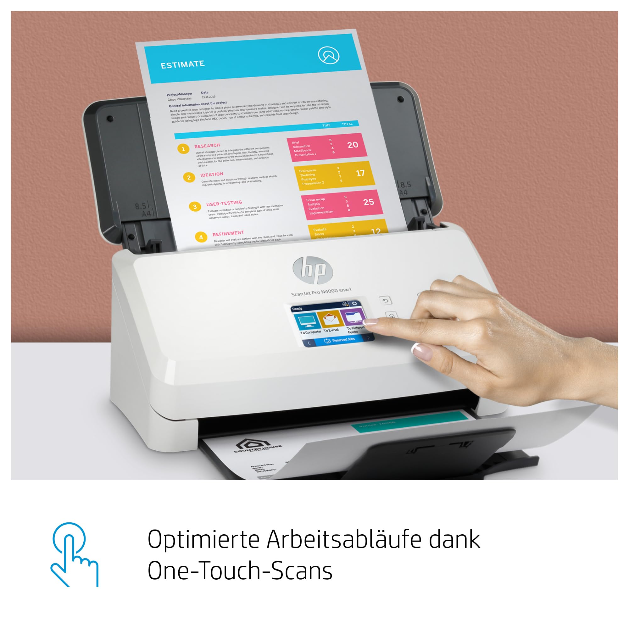 HP ScanJet Pro N4000 snw1, Scanner, Einzelblattzufuhr, 50-Blatt ADF, Ethernet, USB 3.0, Wi-Fi, bis zu 4.000 Seiten täglich, Kurzbefehle, Farbiger Touchscreen
