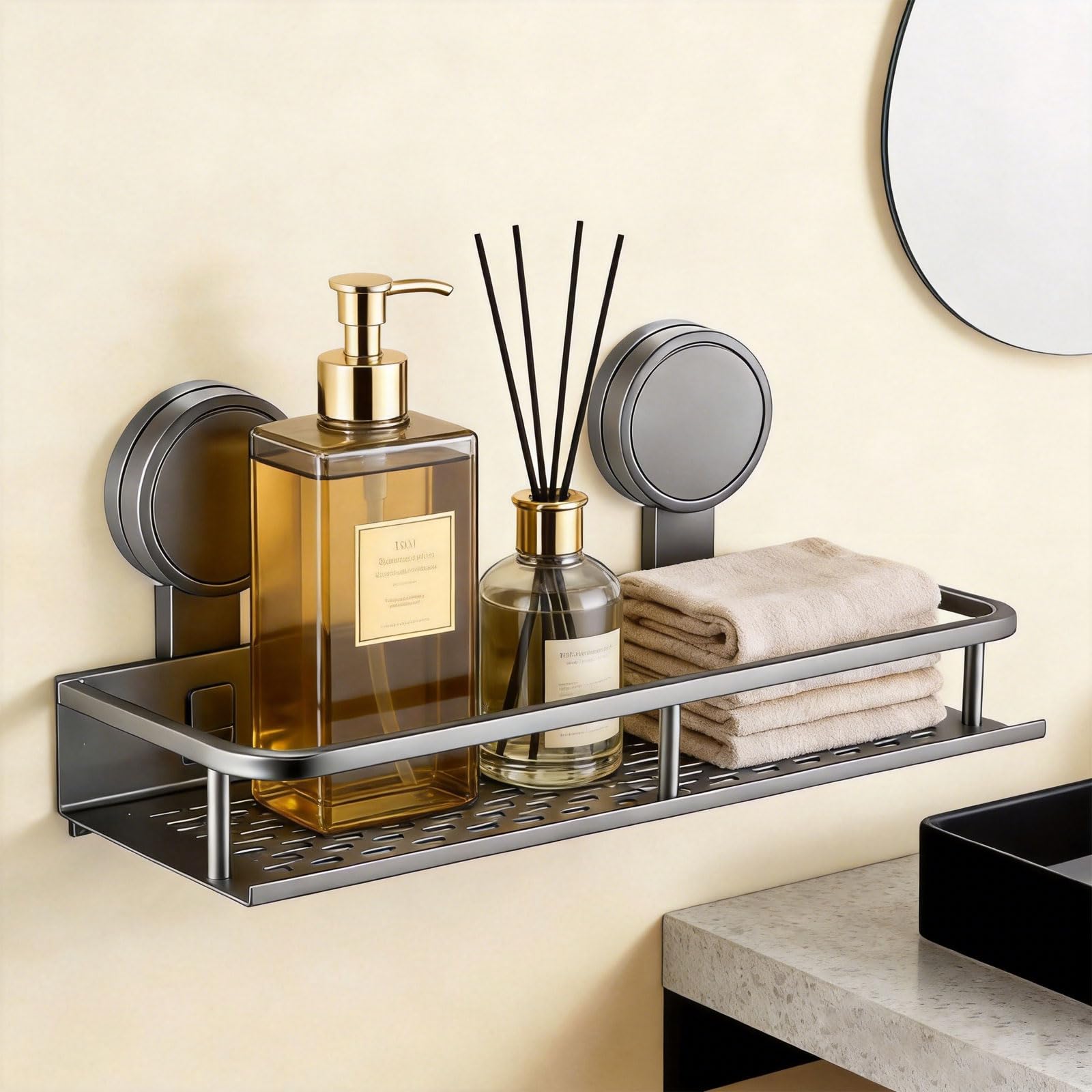 Suction Shower Caddy, Grey No Drill Shower Organiser with Heavy-Duty Suction Cup, Wall Mounted Shower Shelf for Bathroom, Kitchen, Shower Storage Basket for Shampoo, Spice Jars and Toiletries