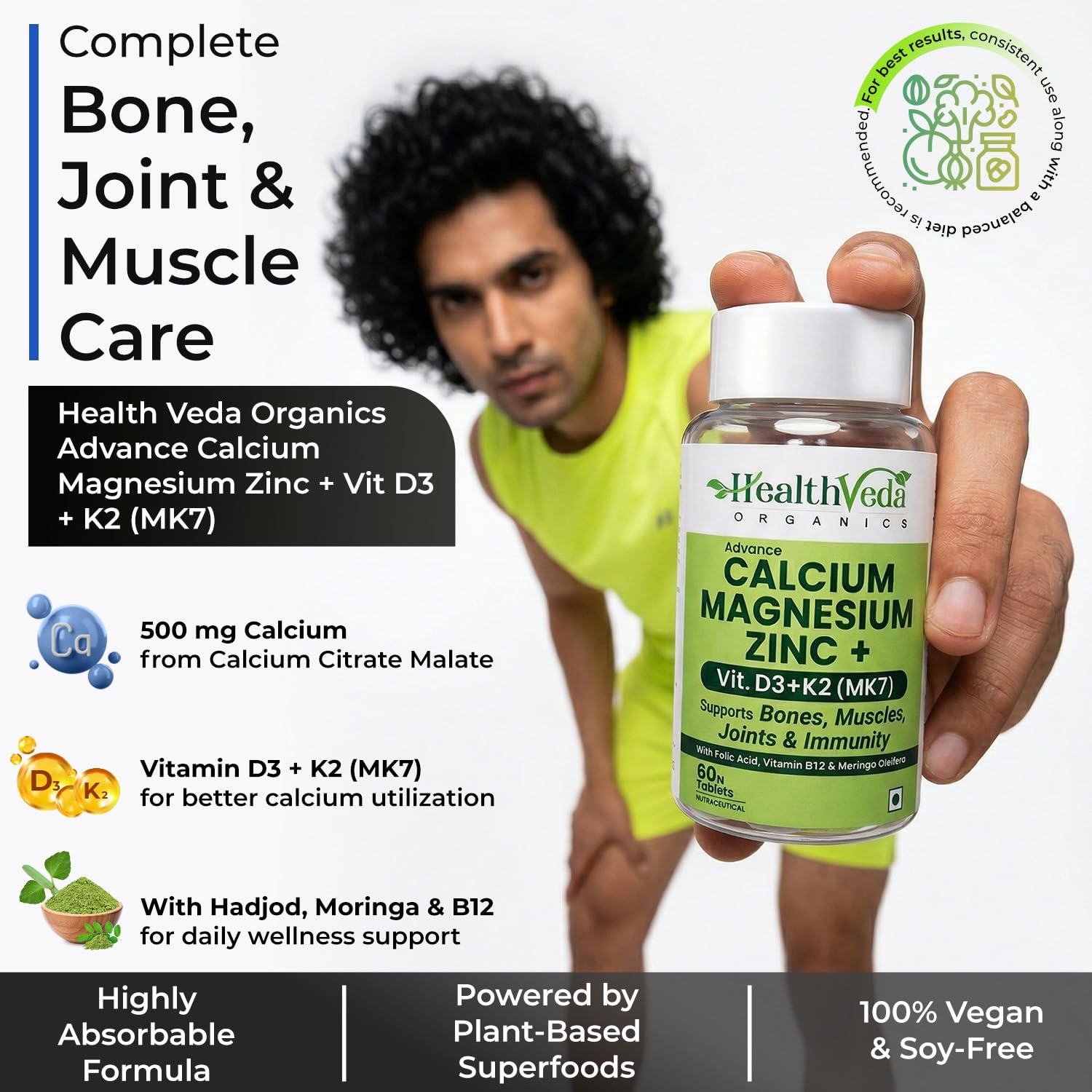Health Veda Organics Calcium Magnesium Zinc with Vitamin D3, K2 MK7 & B12 | With Cissus Quadrangularis | Supports Strong Bones & Joint Health | 1000mg | 60 Veg Tablets | For Men & Women — Amazon image 3