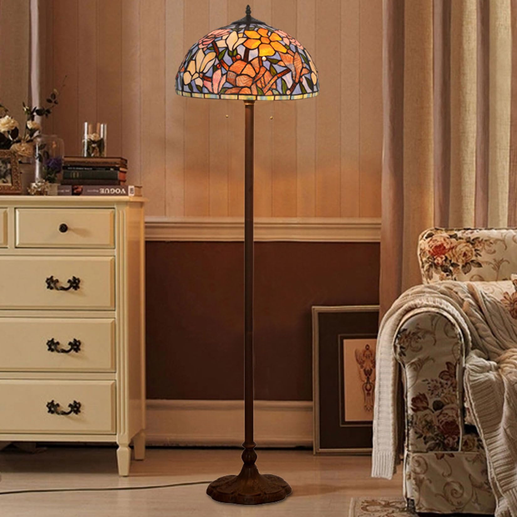 Klosz do lampy Tiffany, zamiennik, ręcznie robiony, witrażowy, pomarańczowy, różowy, w kształcie kwiatu magnolii, szerokość 16 cali, wysokość 9 cali, sielski klosz do lampy st，