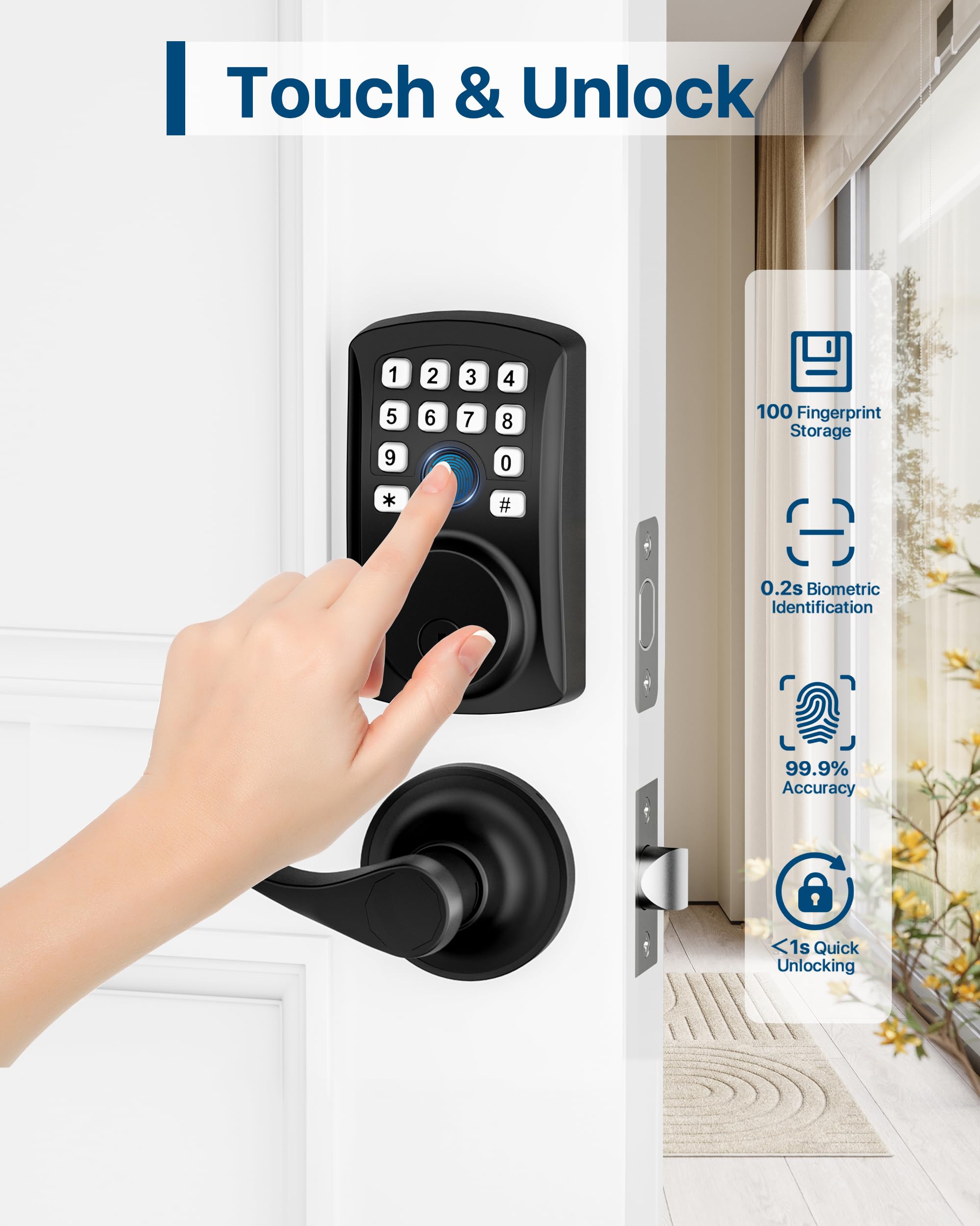 HIDALIFE Fingerprint Door Lock with 2 Door Lever Set, Keyless Entry Deadbolt with Handle Set, Keyless Entry Door Lock with Keypad, Front Digital Smart Code for Home, Apartment, Matte Black