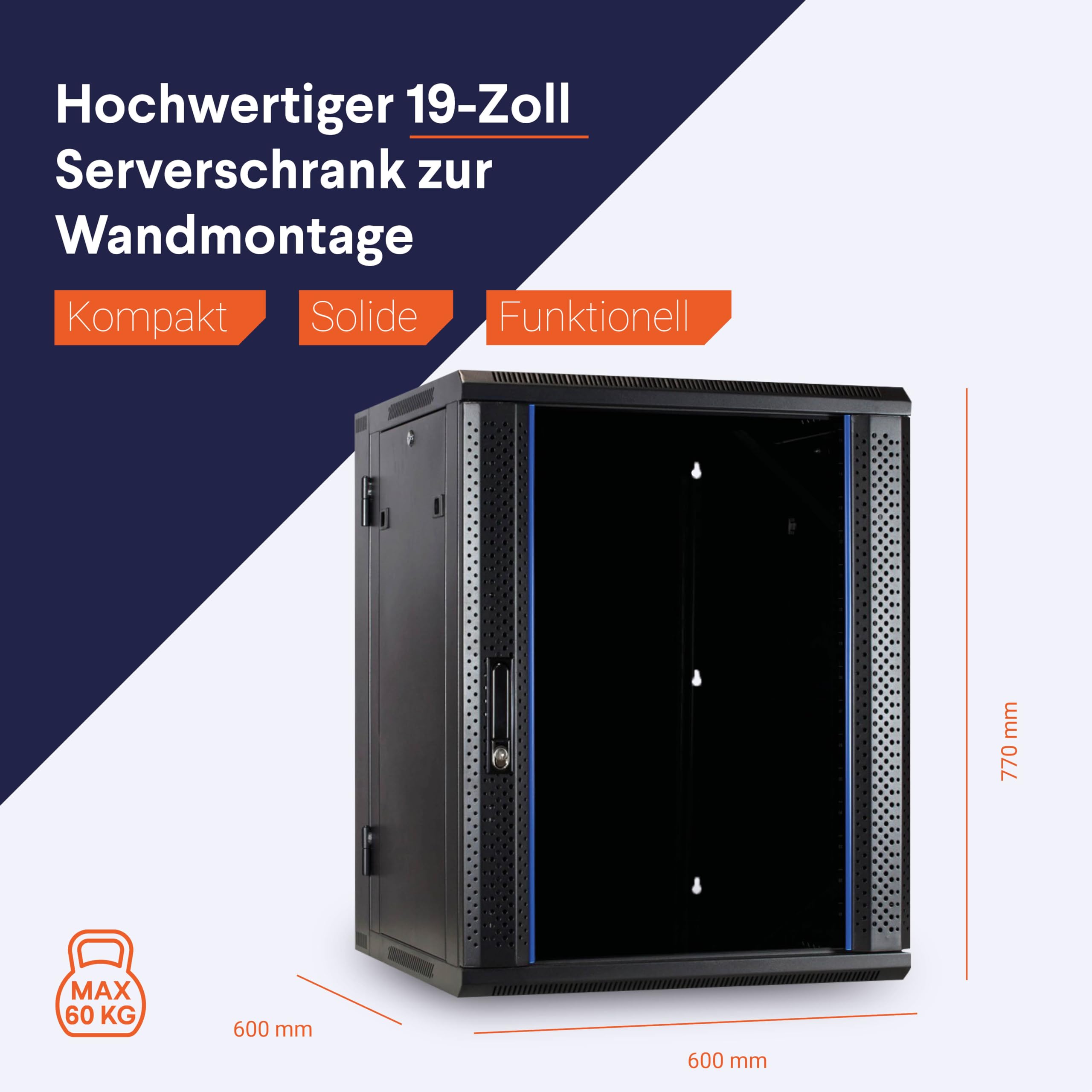 15HE Netzwerkschrank (Serverschrank) 19 Zoll wendbares Wandgehäuse Glastür - (BxTxH) 600x600x770mm - Schwarz