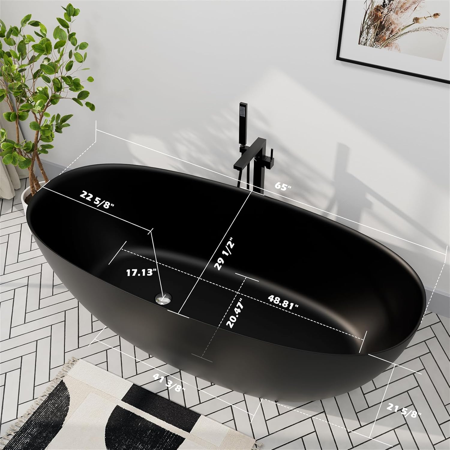 GIVINGTREE 65'' Freestanding Solid Surface Resin Stone Bathtub, Contemporary Design Stand Alone Tub with Pop-up Drain and Overflow, cUPC Certified, Matte Black (Oval)