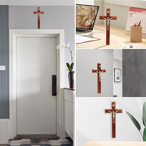 Miniatura 6 de SISSIDA Cruz de pared de crucifijo, cruces católicas de madera hechas a mano para decoración de pared, 12 pulgadas