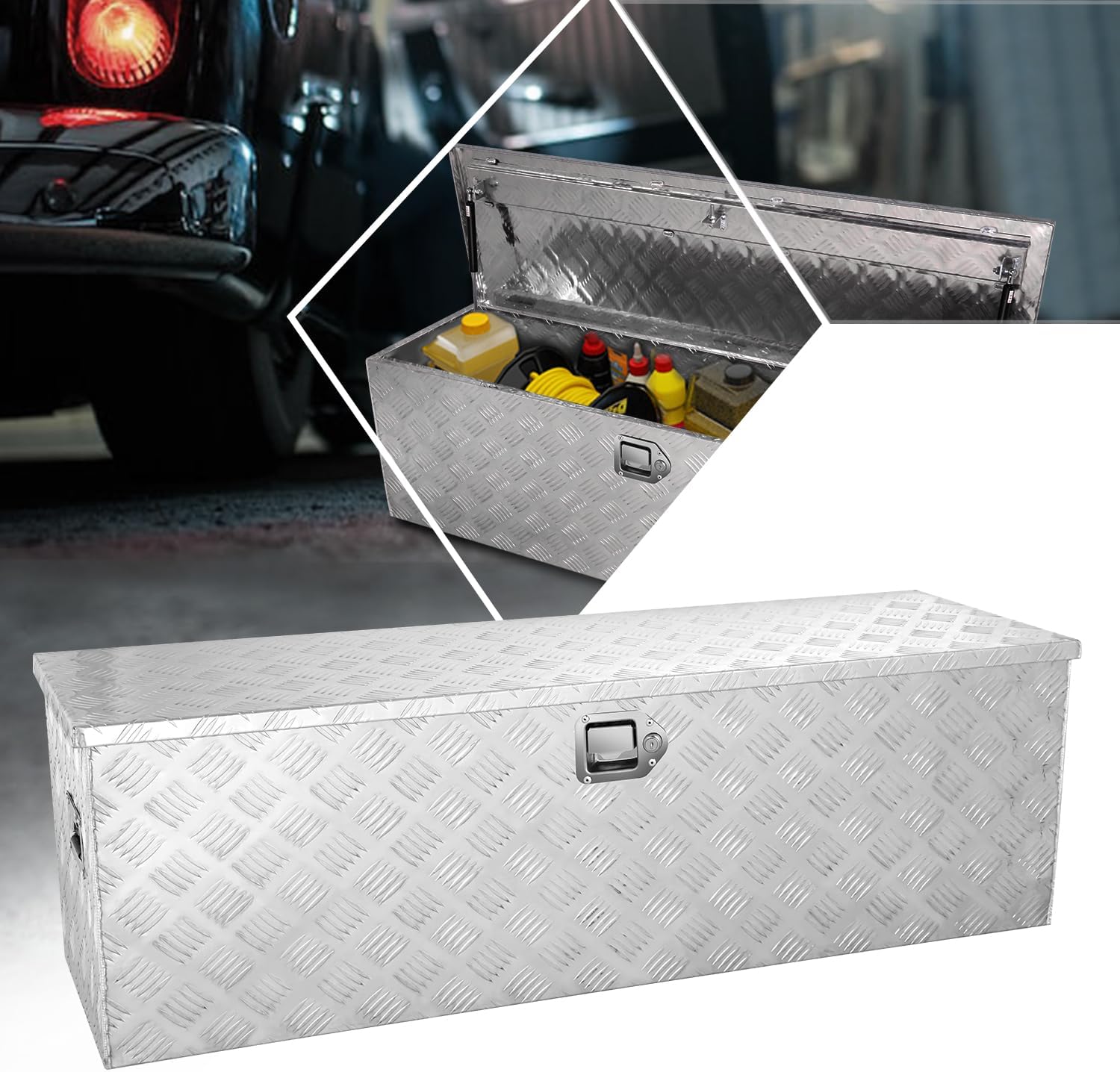 PM PERFORMOTOR Heavy Duty Diamond Plate Tool Box, Hydraulic Lift Storage Organizer Chest for Pick Up Truck Bed, RV Trailer with Recessed Side Handles Lock and Keys, 46.9'' W x 15.0"D x 15.0"H, Silver