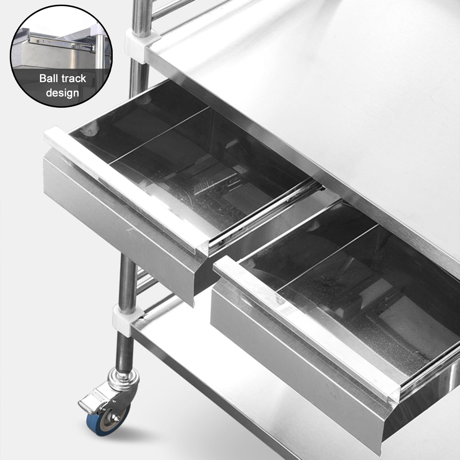 Carrello da laboratorio con ruote, in acciaio inox, a 2 ripiani, con ruote silenziose a 360° e cassetto per laboratorio, clinica, cucina, salone