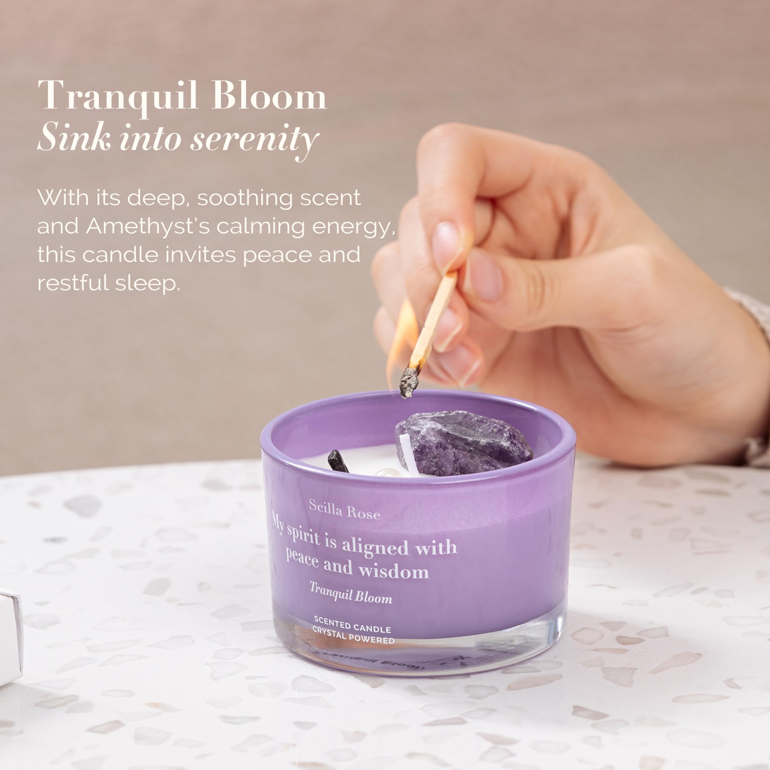 Scilla Rose Juego de velas de cristal de lujo, velas de cera de soja perfumadas de cuarzo rosa y amatista, cuidado personal de aromaterapia, sueño de lavanda, alivio del estrés, regalos únicos