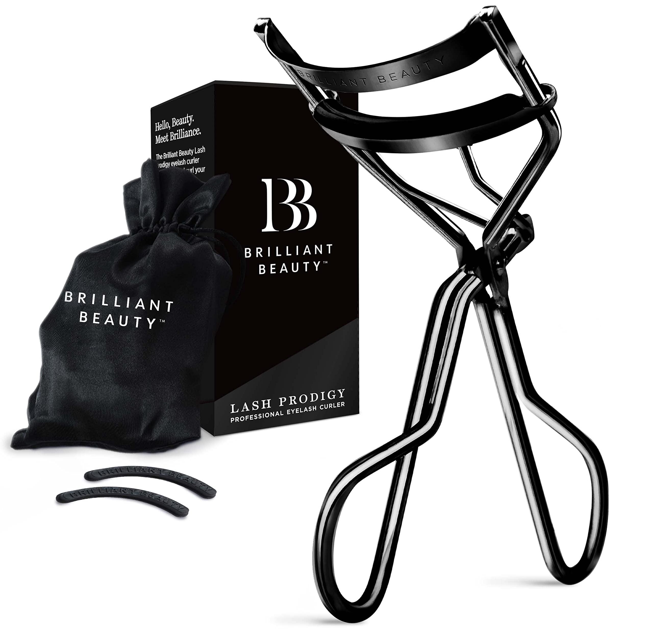 Brilliant Beauty Eyelash Curler - Stainless Steel, Satin Bag, 2 Refill Pads