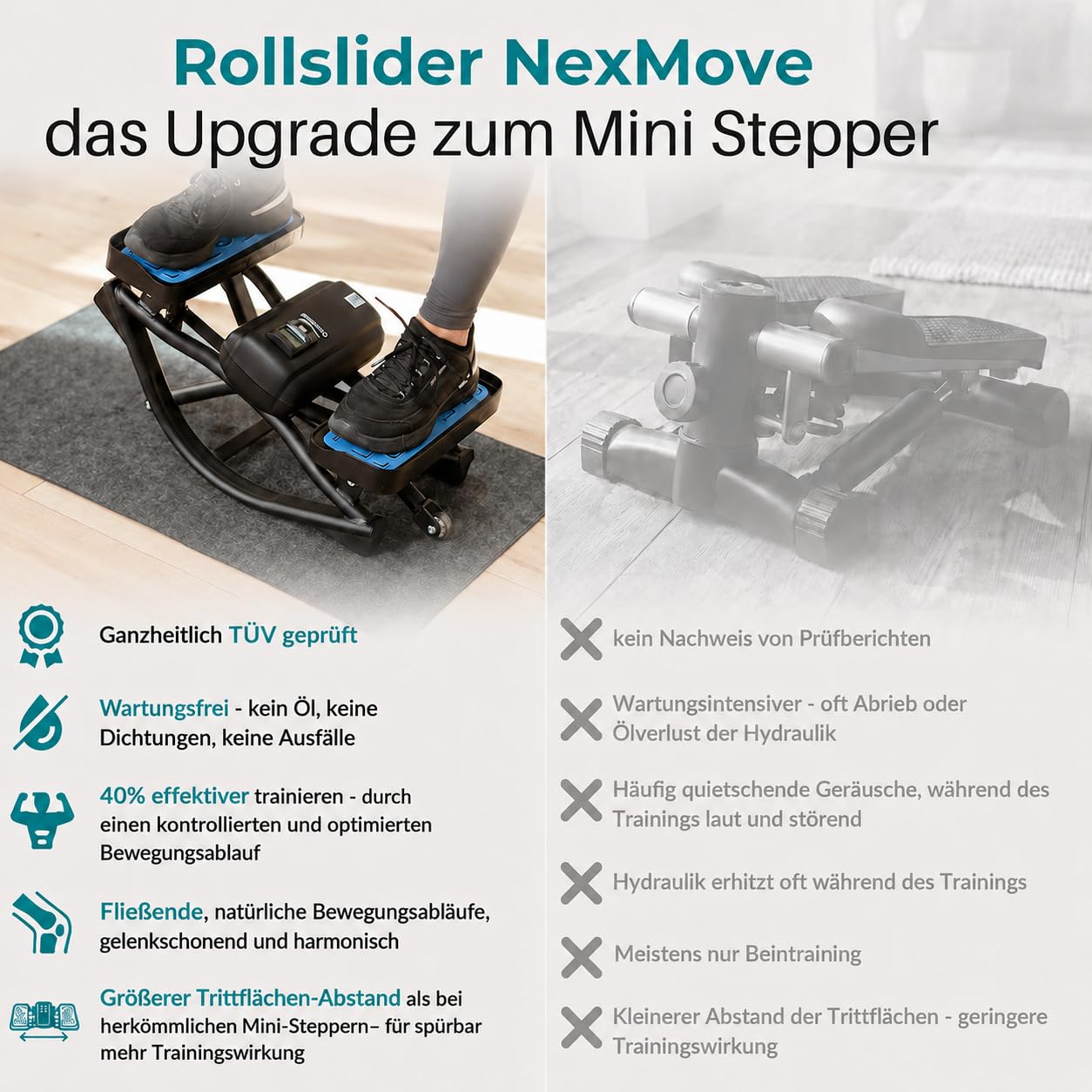 Mini Stepper [Alternative zum Hydraulik-Stepper] – Leiser Stepper für Zuhause mit LCD Display (Gelenkschonend & kompakt) – Für Bauch, Beine, Po, Rücken & Cardio – Stepper Fitness