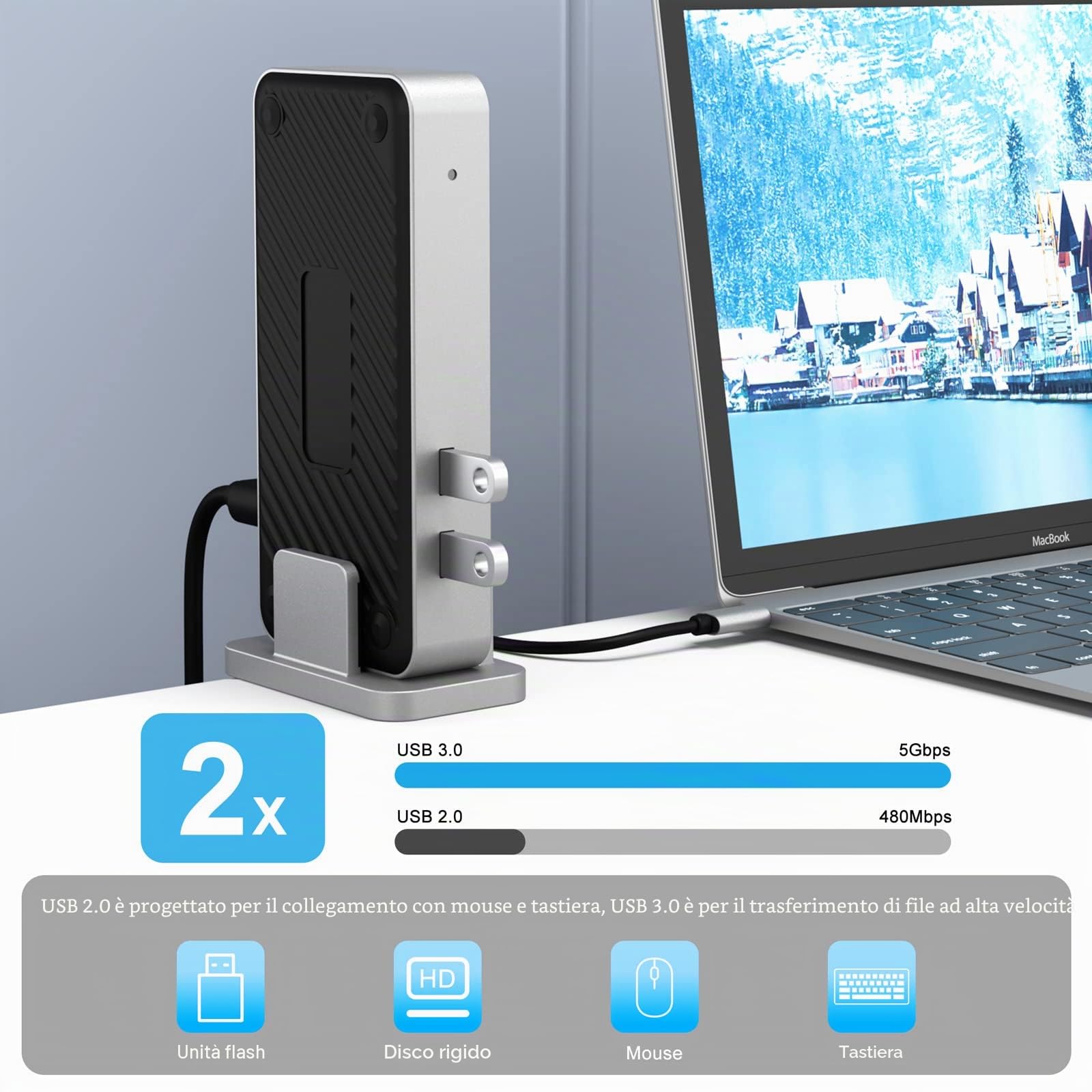 BENFEI USB 3.0 Docking Station universale doppio monitor HDMI VGA compatibile con Mac Windows, ingresso USB 3.0 o USB-C, (doppio display: HDMI e VGA, Gigabit Ethernet e 4 porte USB)
