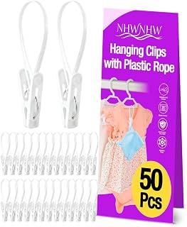 50Pcs Multi Purpose Laundry Hanging Clips with Rope, White - Strong Grip Hanging Clips for Baby Hangers, Pants, Socks, Towels & Closet Organization, Multi-Purpose Laundry Drying Hooks