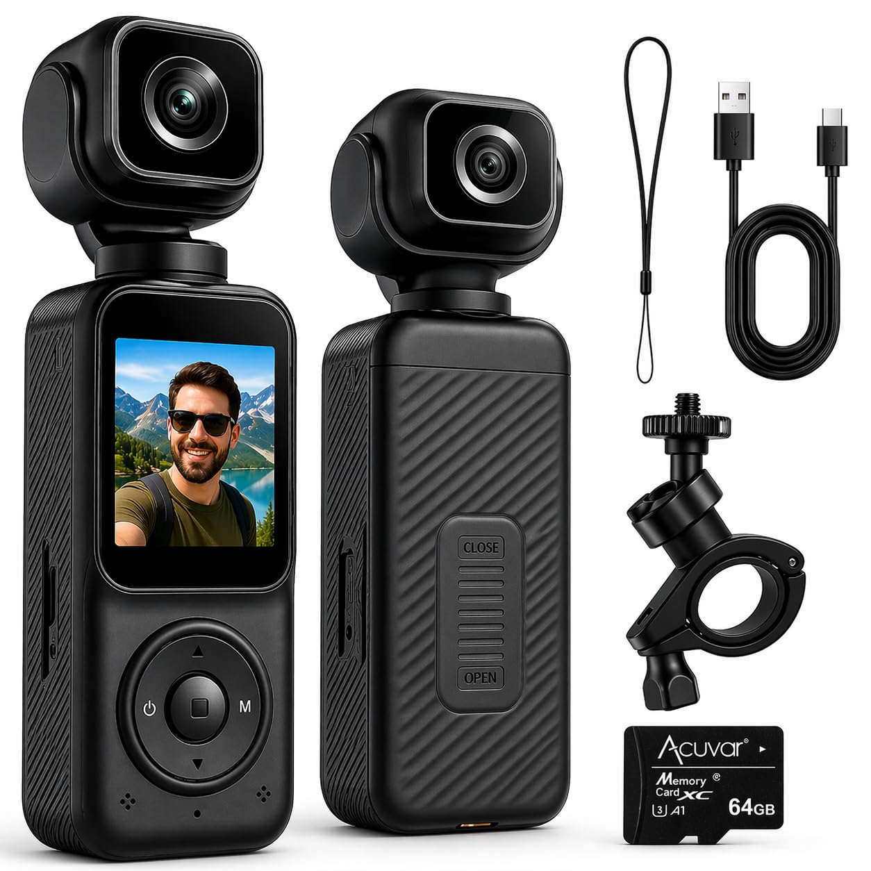Acuvar Dual Camera 4K Pocket Camera with 3-Axis Gimbal Stabilizer, Video Camera for Photography Pocket Body Cam with WiFi, LCD Screen Face Tracking, Motion Stabilizer, 270* Rotation & 64GB SD Card-image-38