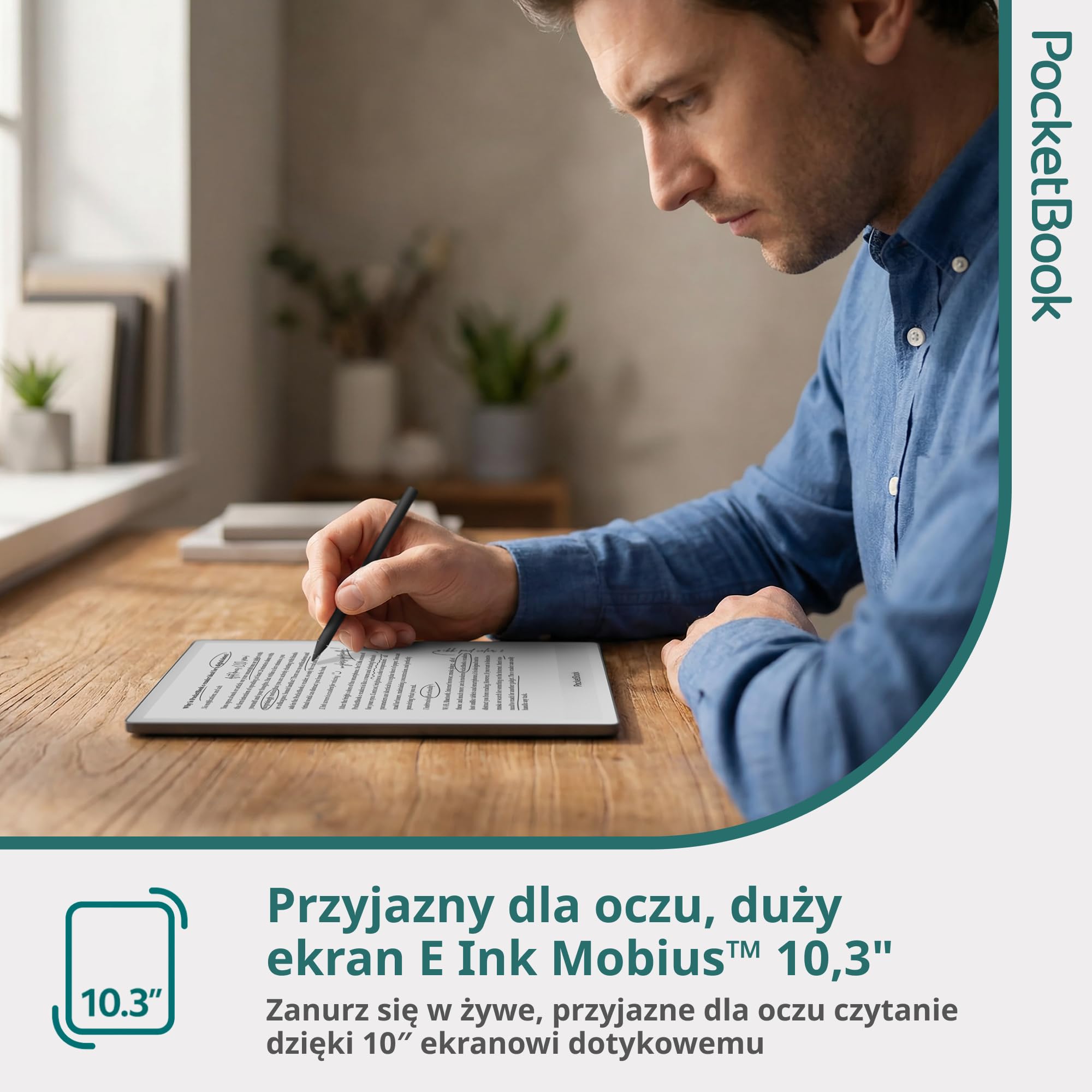 PocketBook InkPad One Czytnik EBooków - 10,3" Wyświetlacz E Ink Mobius - Cyfrowy Notatnik z Obsługą Rysika - 32GB, WiFi & Bluetooth - Odtwarzanie Audiobooków, Czytanie i Notowanie