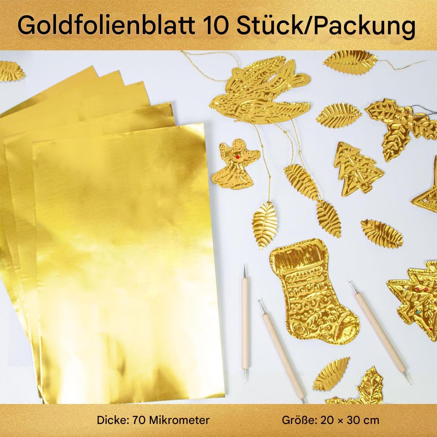 Lámina de aluminio para manualidades, 10 láminas de metal en relieve, lámina dorada para manualidades para niños y adultos, para proyectos de arte, decoración navideña