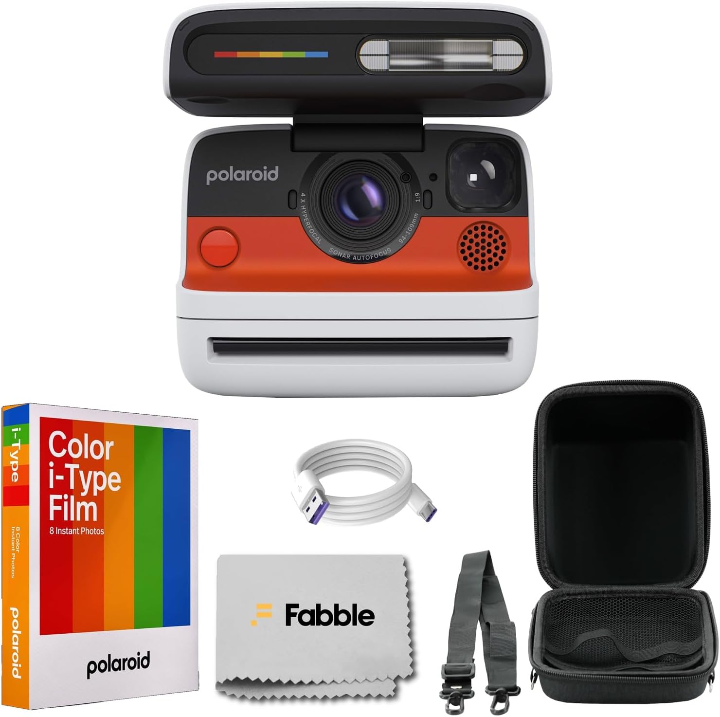 Polaroid Flip Instant Camera White Bundle with Color i-Type Film (8 Photos), Hard Protective Case, 6ft USB Type-C Cable, and Grey Microfiber Cleaning Cloth