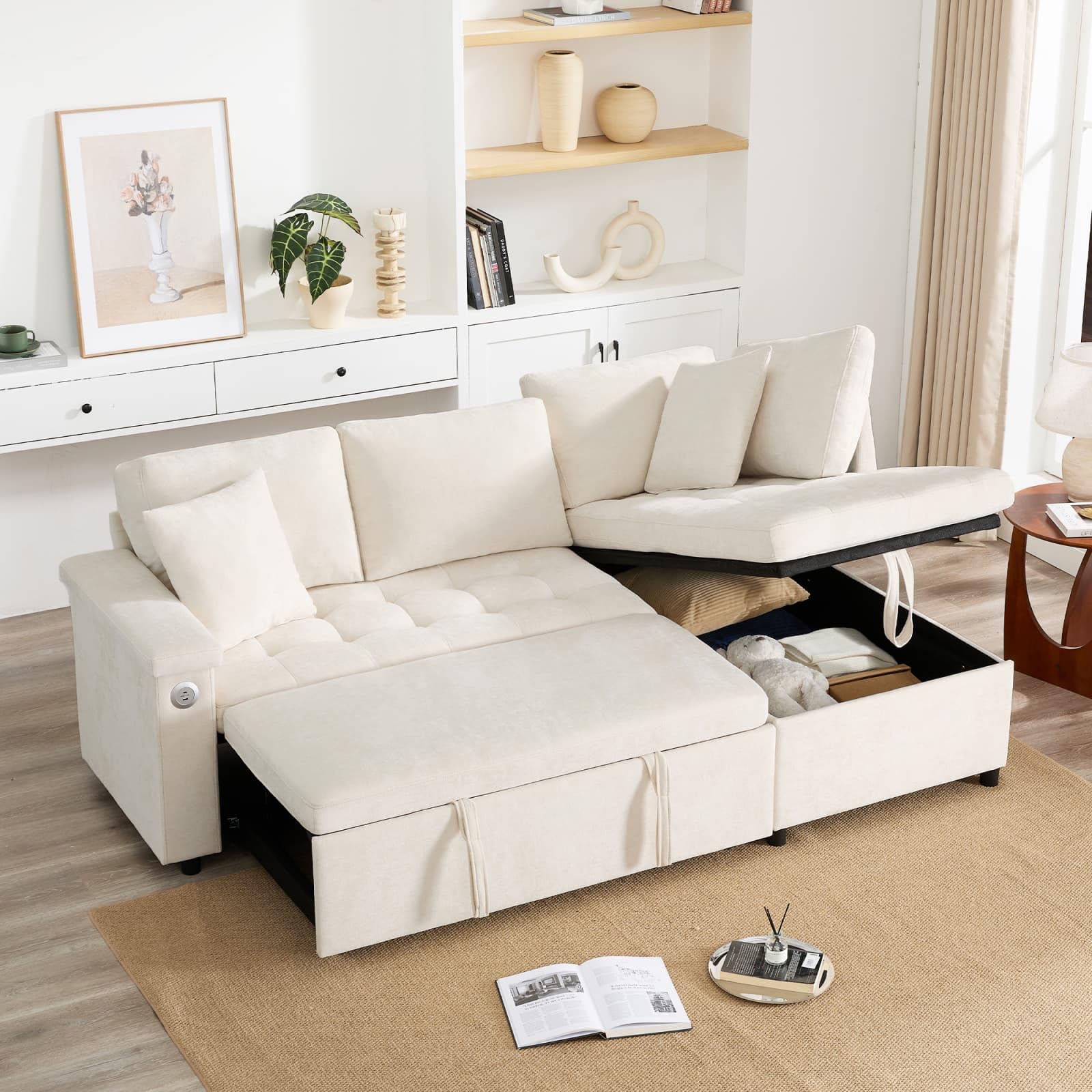 KOMHTOM Canapé Convertible en L avec Espace de Rangement, Canapé-lit avec Port USB, Compartiments de Rangement dans Les Accoudoirs et 2 Oreillers (Beige)
