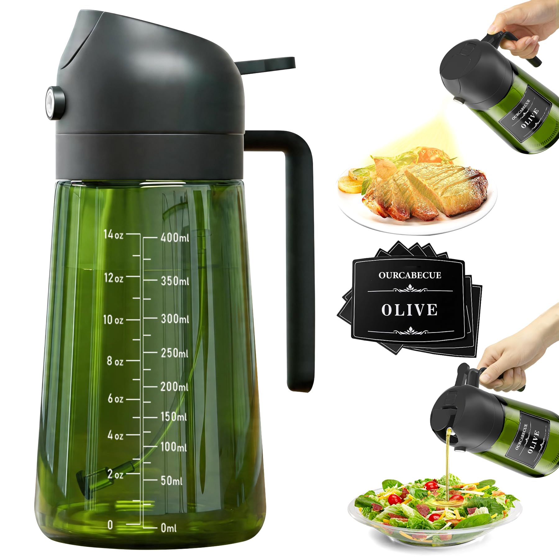 OURCABECUE Upgraded Made Oil Sprayer for Cooking, Dark Brown 2 in 1 Spray and Pour Olive Oil Dispenser 16oz 470ml Glass Oil Spray Bottle, Mist Olive Oil Dispensing (Brown Bottle-Black Scale)