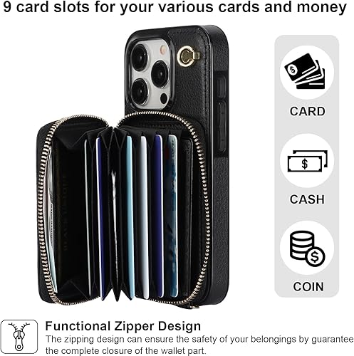 Miniatura 3 de Bocasal Funda tipo cartera cruzada para iPhone 15 Pro, funda de piel con bloqueo RFID y soporte para tarjetas, funda protectora con cremallera y