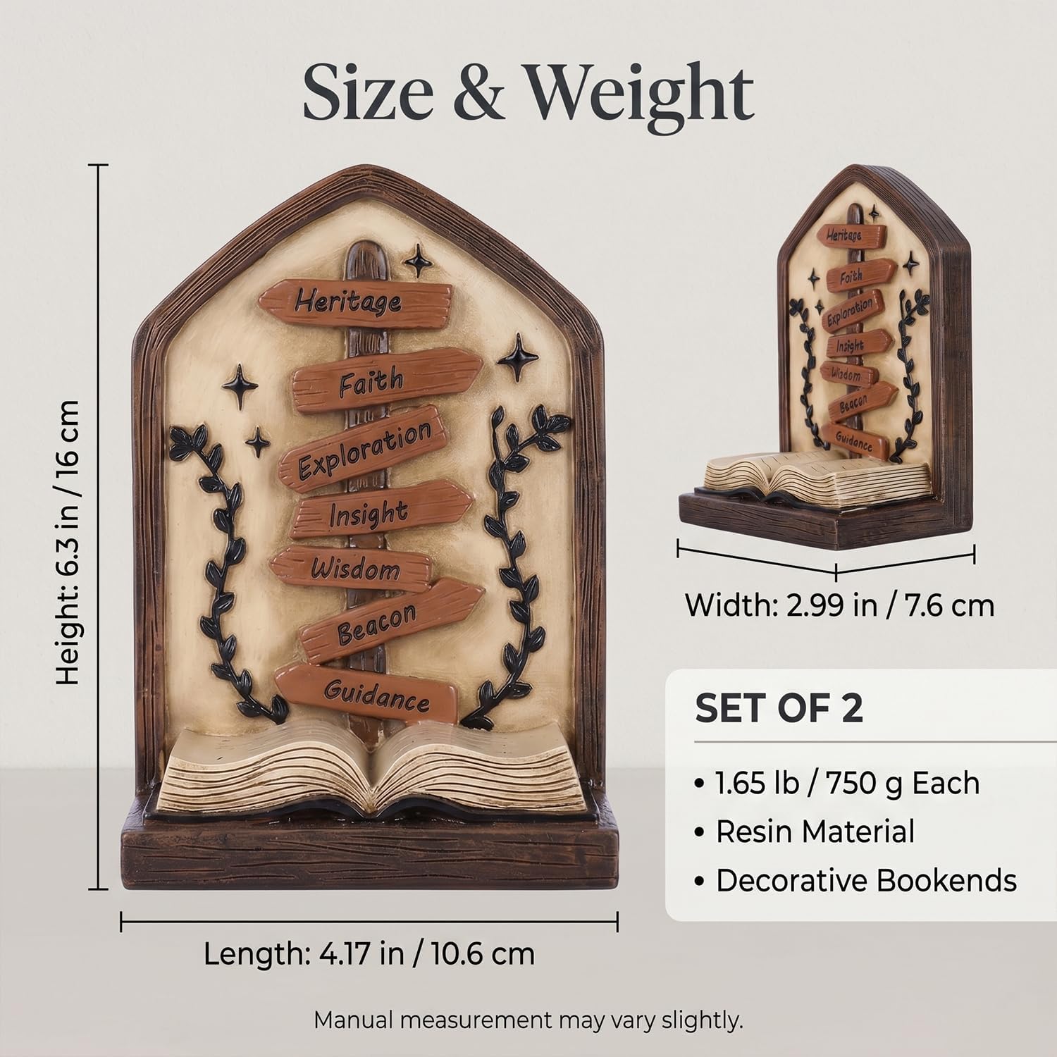 Bookends Set of 2 Resin Decorative Book Ends with Inspirational Signpost and Open Book Design, Distressed Library Decor for Bookshelf Office Study Shelf Display