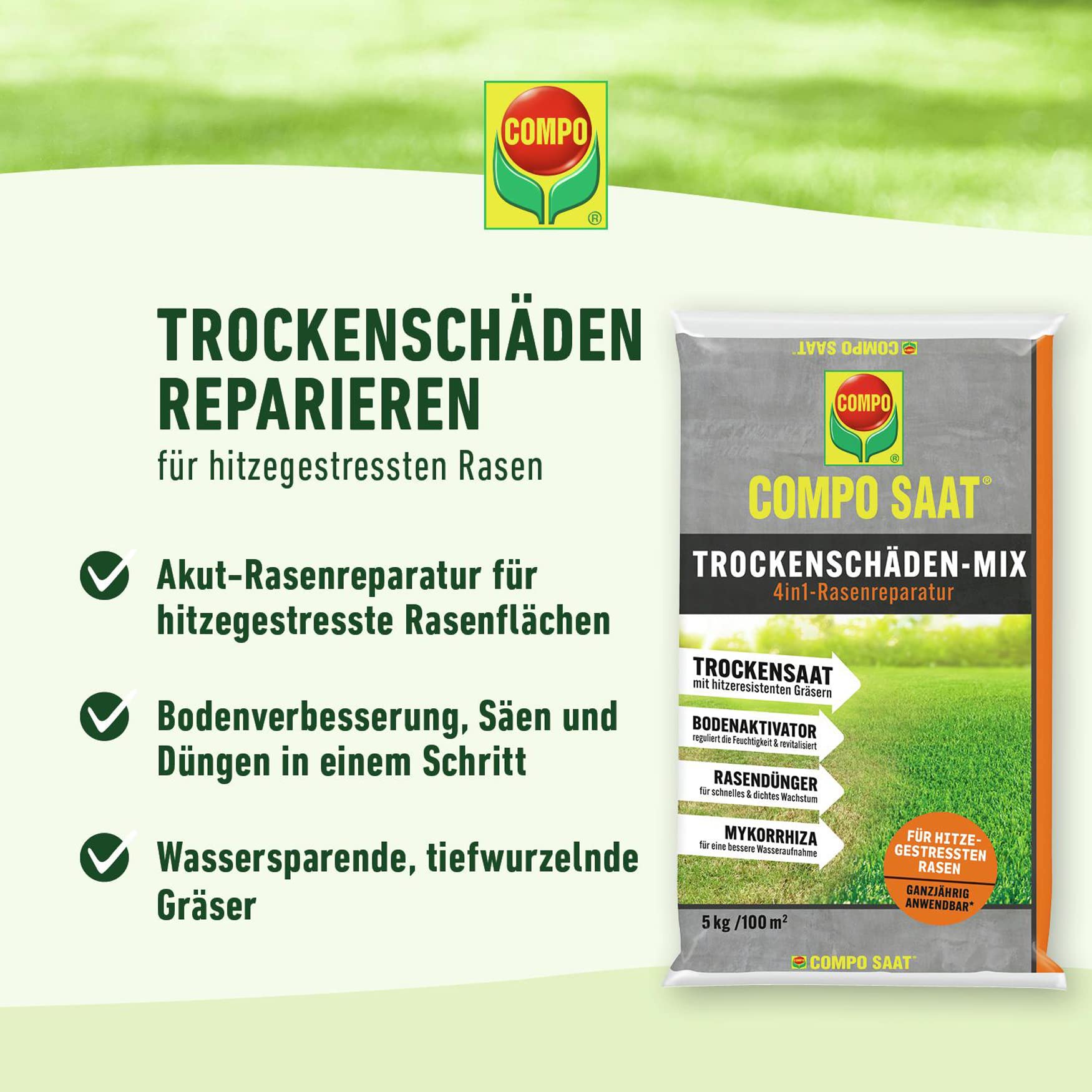 COMPO Trockenschäden-Mix 4in1-Rasenreparatur, Trockensaat, Dünger, Bodenaktivator und Mykorrhiza in einem, Rasendünger und Rasensamen / Grassamen, 5 kg, 100 m²