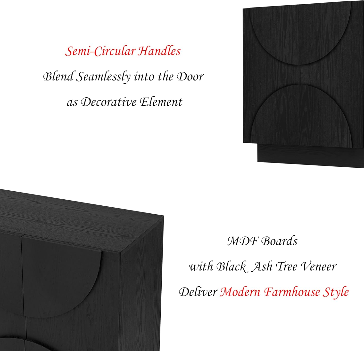 Black Buffet Sideboard Table Modern Storage Cabinet with 4 Semi-Circle Doors Adjustable Shelves for Kitchen Dining Living Room Entryway 56 Inch