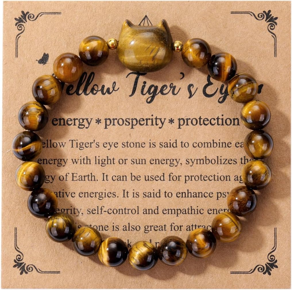 Jovivi Crystal Cat Bracelet for Women Men,8mm Natural Stone Beaded Bracelet Protection Healing Crystals Gemstones Stretch Bracelet Cat Jewelry Gifts for Good Luck,Money Attraction - Image 2