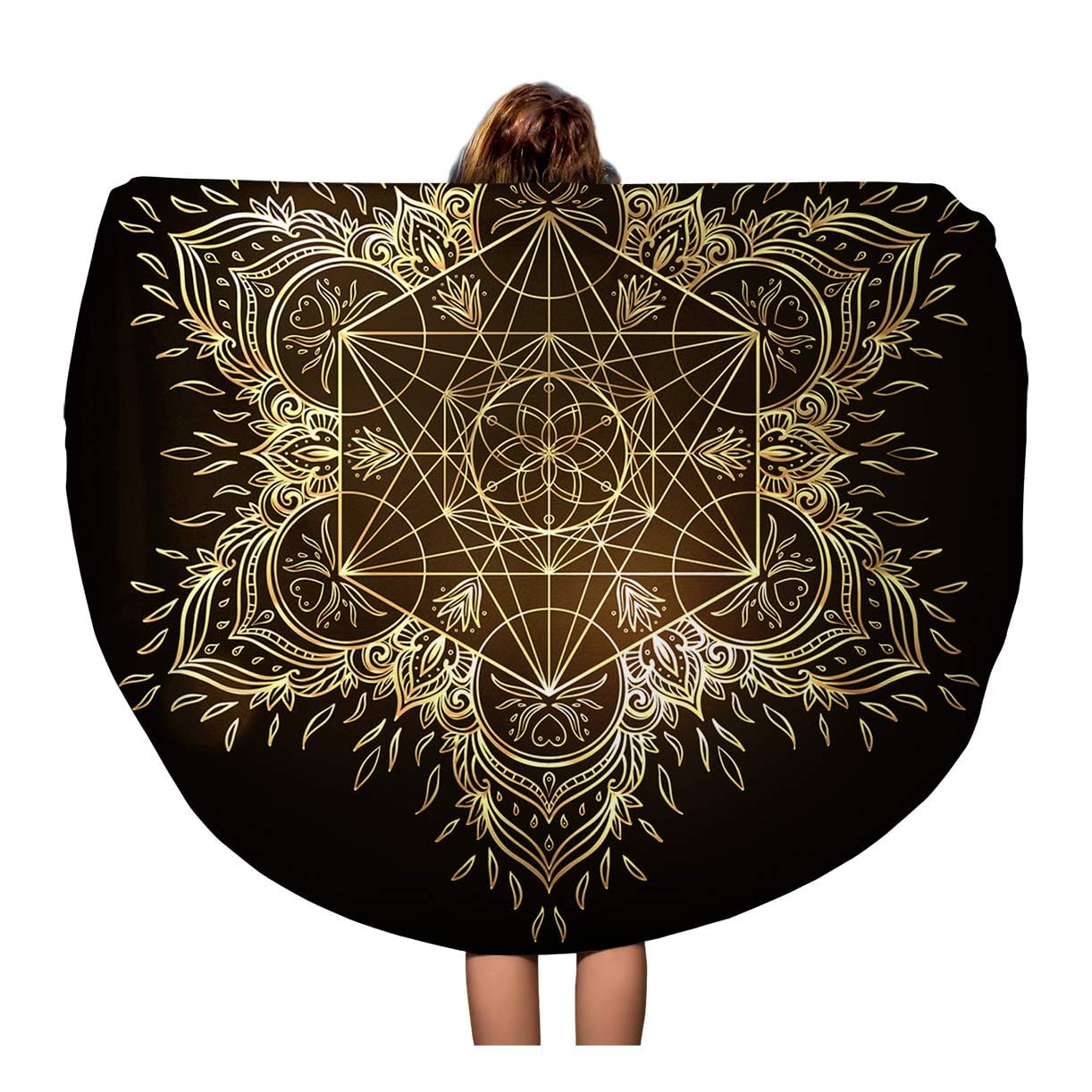 60 Inches Round Beach Towel Blanket Mandala Round Pattern Sacred Geometry Metatron Cube Powerful Symbol Travel Circle Circular Towels Mat Tapestry Beach Throw