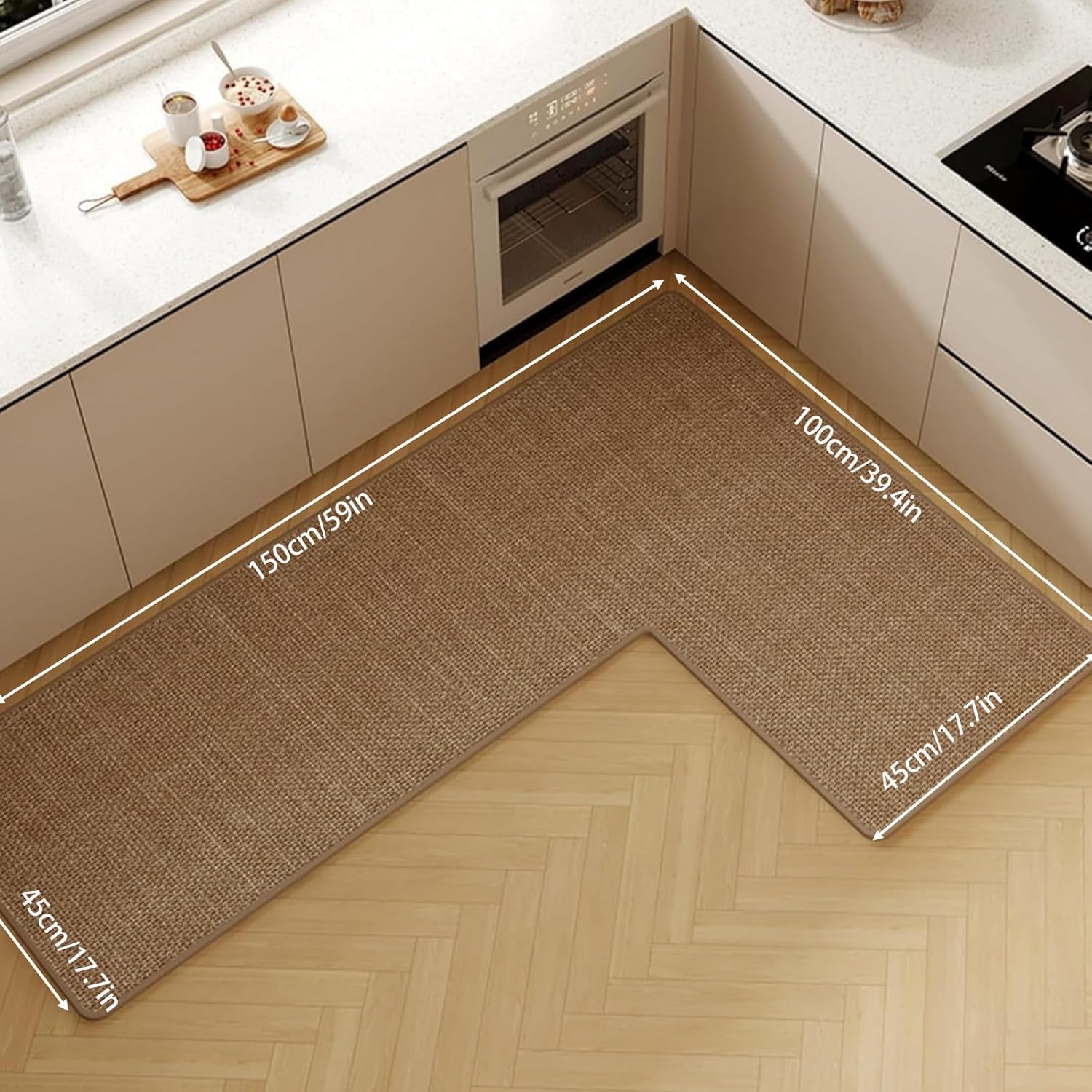 L Shaped Rug Corner Kitchen Rugs Non Slip Washable Mat, L-Shaped Rug Super Absorbent Corner Kitchen Mats Rubber Waterproof Corners Area Runner Kitchen Sink Floor Mat (Khaki Left-L, 39.4″X59″X17.7″)