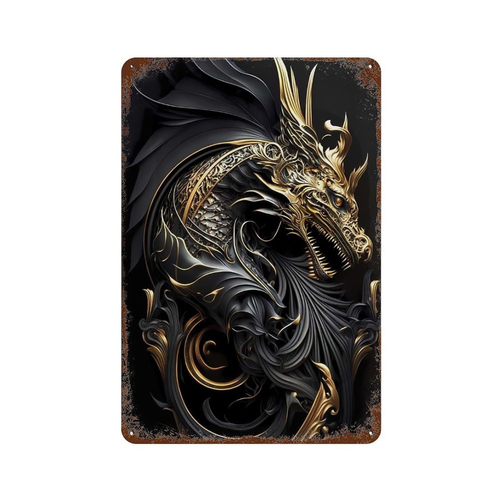 Mighty Golden Dragon God 11.8"x7.9" Weathered Tin Sign, Shabby Chic Decor for Farmhouse, Kitchen And Entryway Decor