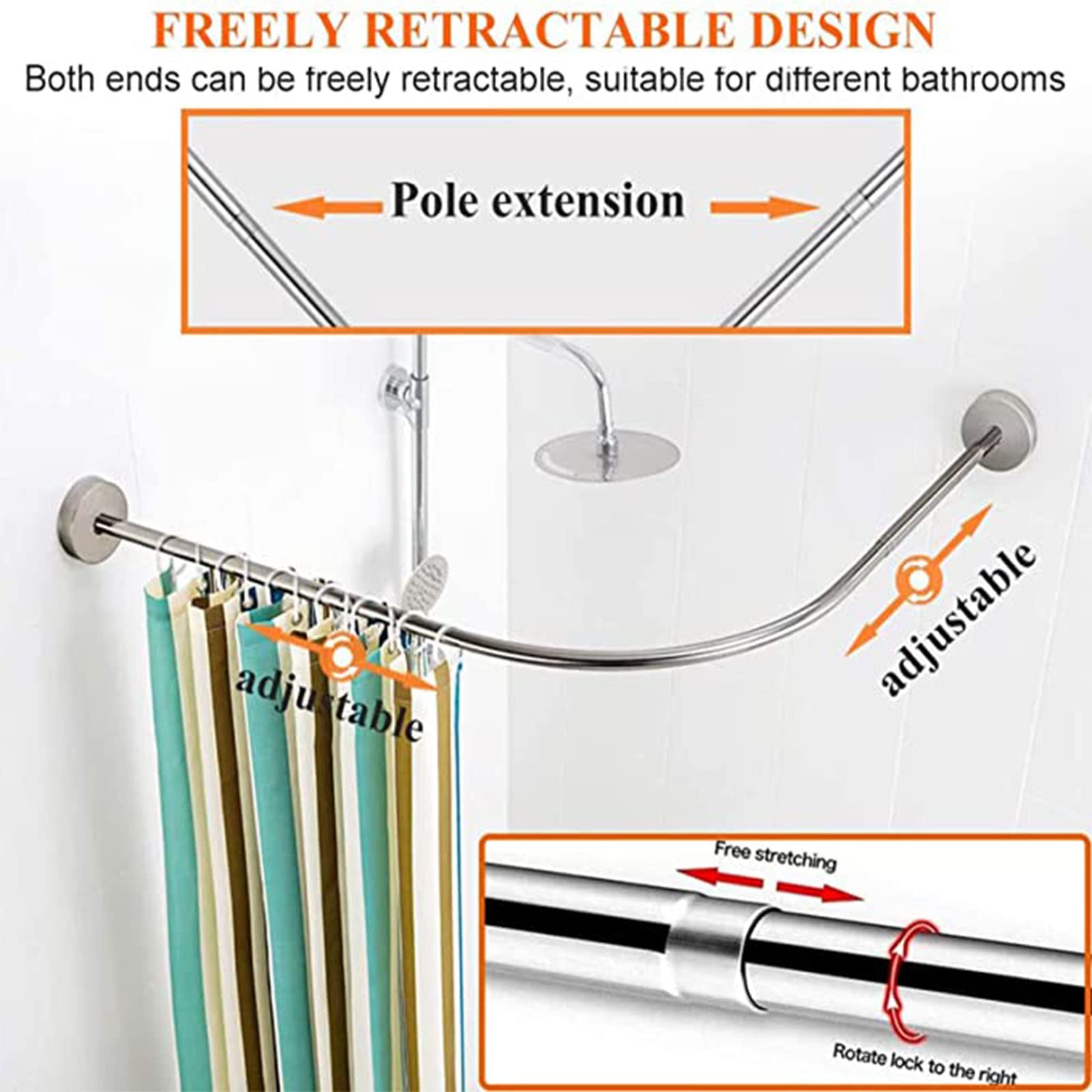 Barra Extensible en Forma de L para Cortina de Ducha - Acero Inoxidable Curvada, sin Necesidad de taladrar, 100% Inoxidable, Ajustable para baño, fácil instalación, diseño Que Ahorra Espacio