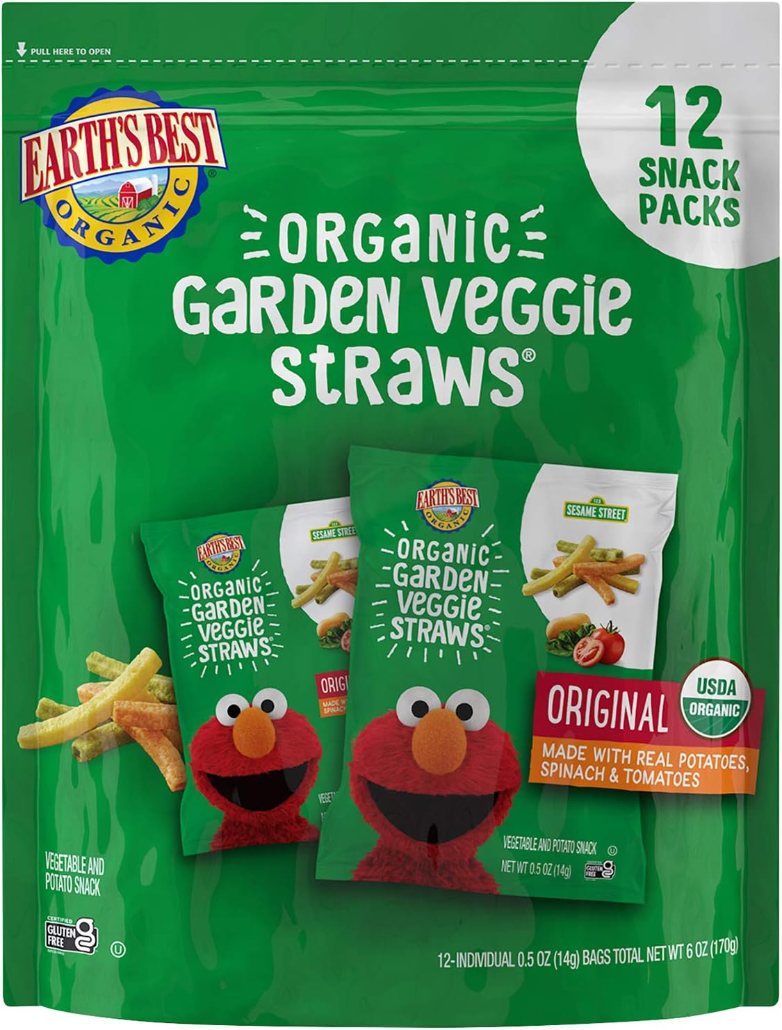 Organic Kids Snacks, Sesame Street Toddler Snacks, Organic Garden Veggie Straws for Toddlers 2 Years and Older, Original, Multipack, .5 oz Bags, 12 Count
