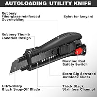 Vista 2 de HAUTMEC Cuchillo utilitario de 18 mm con agarre suave y bloqueo automático con interruptor de seguridad rojo, cortador resistente con hoja negra