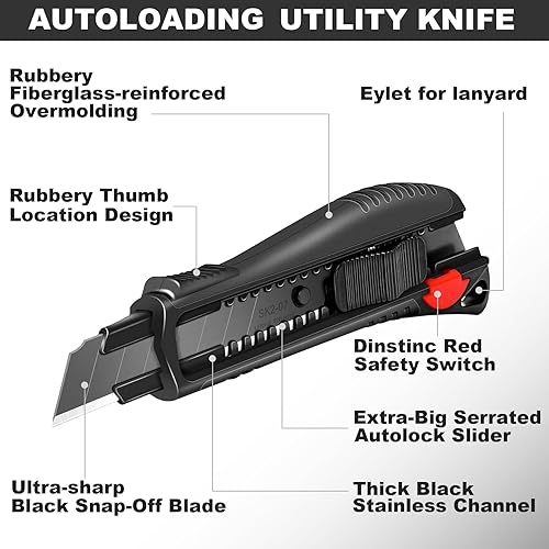 Miniatura 8 de HAUTMEC 4PCS18mm - Cortador de cuchillos utilitarios con botón de cambio rápido de seguridad, hoja ultra afilada SK2 negra a presión, mango de goma